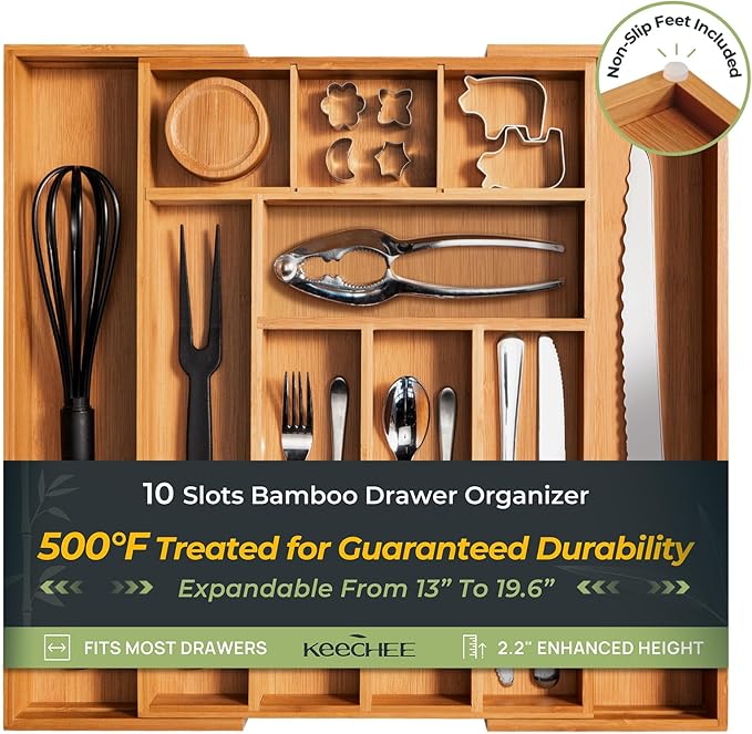 Carbonized Bamboo Kitchen Drawer Organizer, 10 Slots Expandable Silverware Organizer, Utensil Holder & Cutlery Tray, 2.2" Deep for Extra Capacity, Non-Slip Feet Included