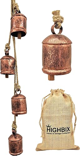 HIGHBIX Harmony - 4 campanas de vaca en racimo en cuerda, grandes, rústicas, vintage, campanas de vaca de la suerte en cuerda para colgar en la