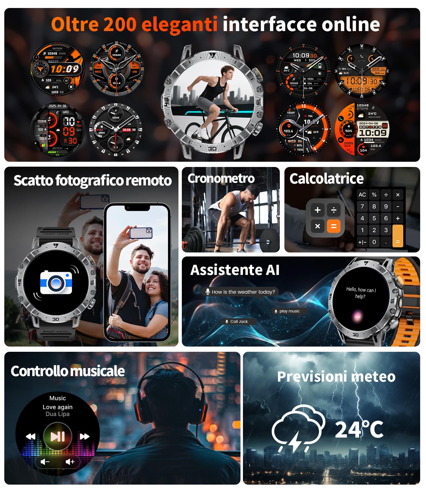 1000mAh Batteria Smartwatch Uomo Militare, 1.7'' Orologio Smart Watch con Chiamata Bluetooth, Torcia LED Orologio Fitness, 100+ Modalità Sportive, 24H Cardiofrequenzimetro Sonno, IP68 per Android iOS
