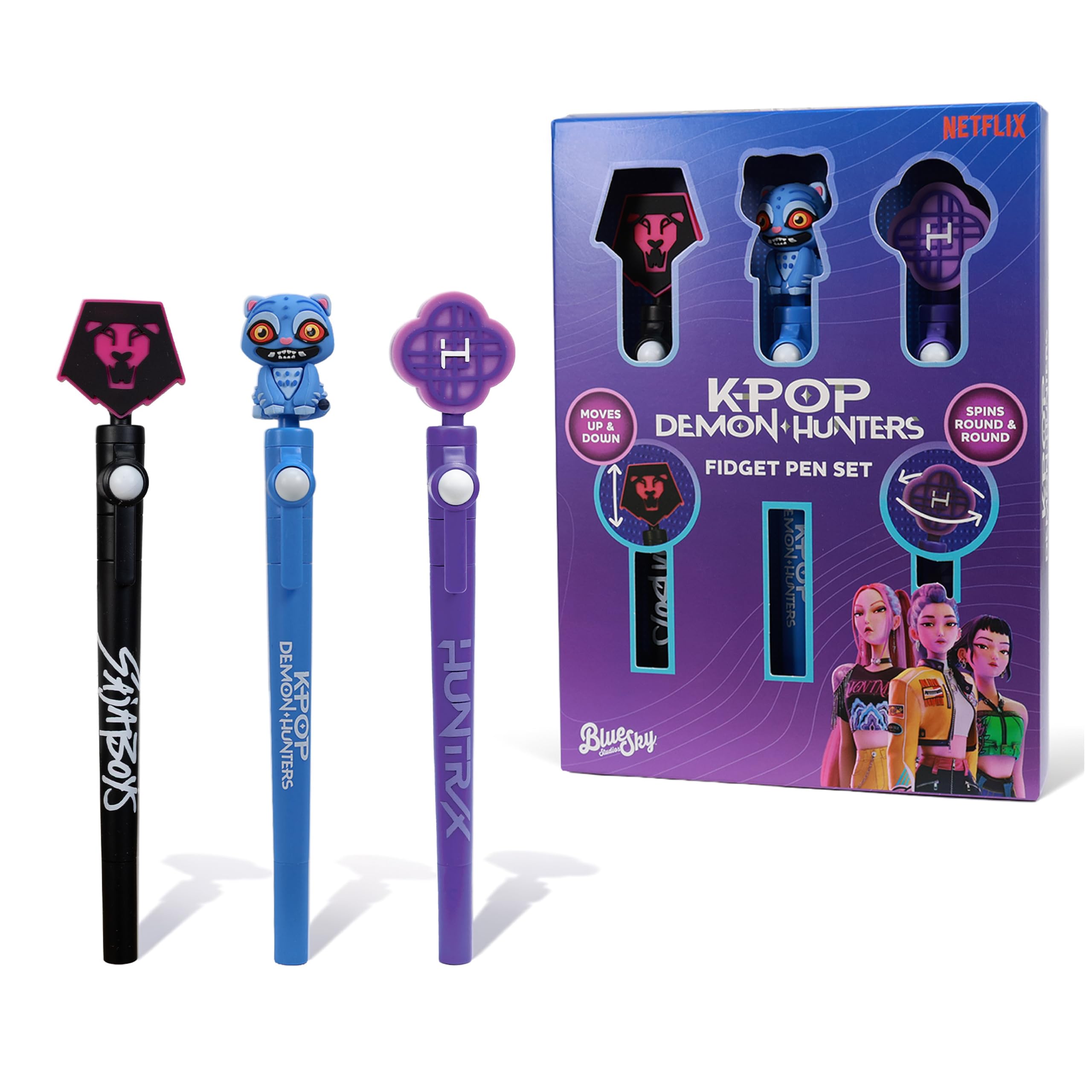 KPop Demon Hunters Fidget Pen Set (Pack of 3) – Official Merchandise – Saja Boys, Derpy & Huntr/x 18cm Black Ink Pens – Soft Touch Sensory Ball-Joint Fidget Toys – K-Pop Stationery Gift Set