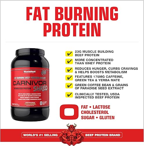 Miniatura 3 de MuscleMeds Carnivor Shred - Aislamiento de proteína de carne hidrolizada para quemar grasa 0 lactosa 0 azúcar 0 grasas caramelo de vainilla 2 libras
