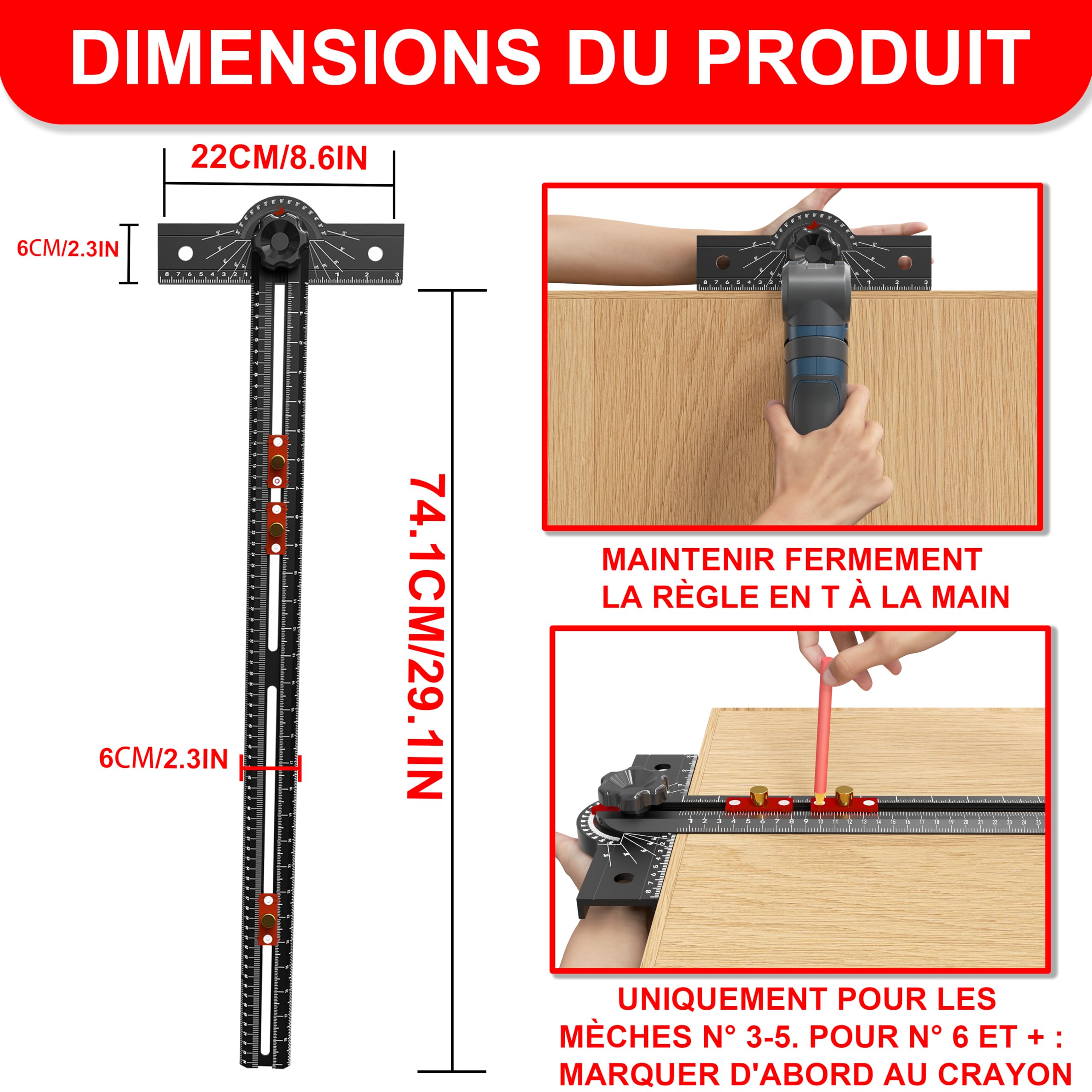 Équerre en T de Menuiserie 74cm Outil de Mesure à Angle Réglable 15-165°, Corps en Alliage d'Aluminium, Guide de Perçage de Précision pour Menuiserie, Dessin Technique, Architecture et Artisanat