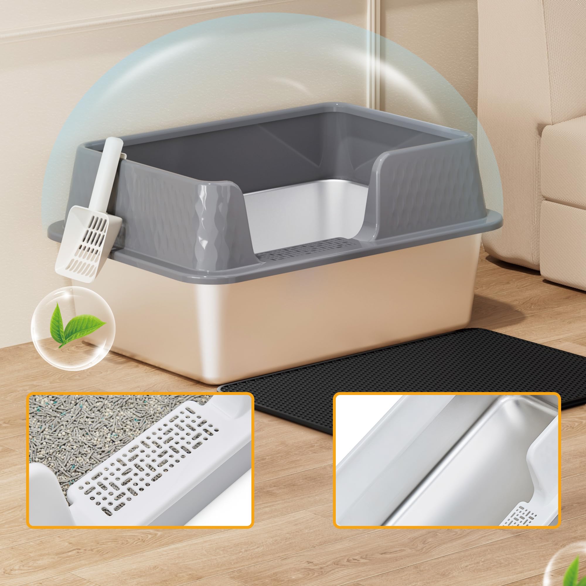 Vealind Katzenklo Edelstahl mit Deckel Groß Katzentoilette Metall Katzenklo Hoher Rand Offen Katzentoiletten Große Katzen Cat Litter Box