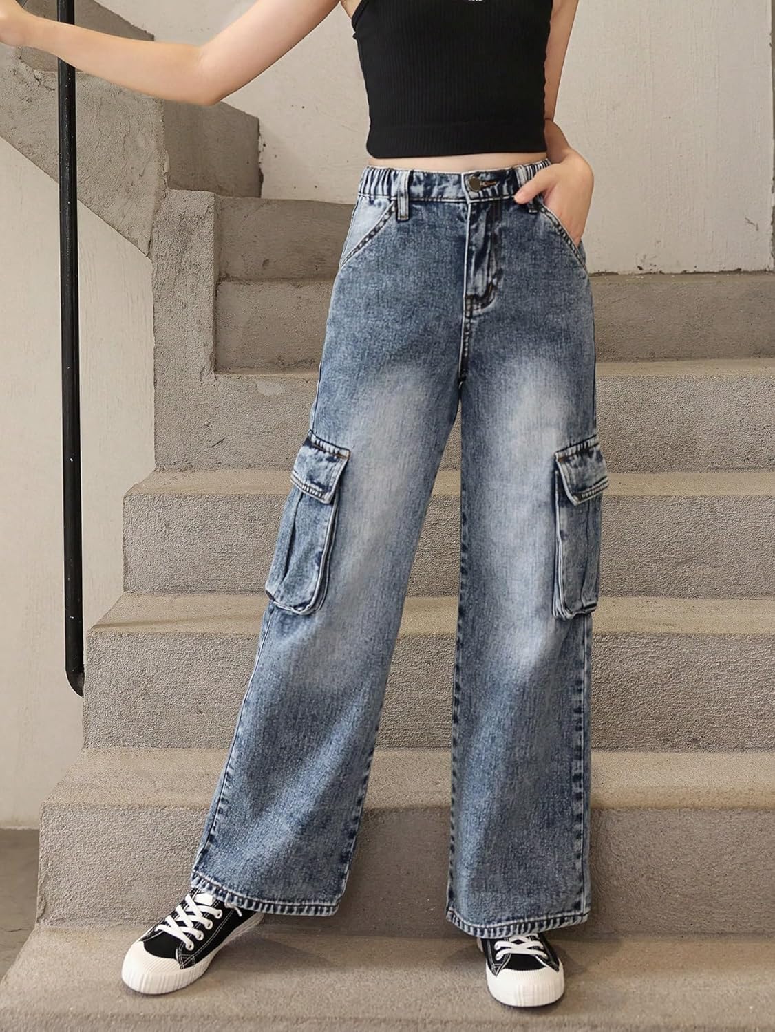 Verdusa Girl's Vintage Cargo Jeans Streetwear Washed Straight Leg Denim Pants with Pockets