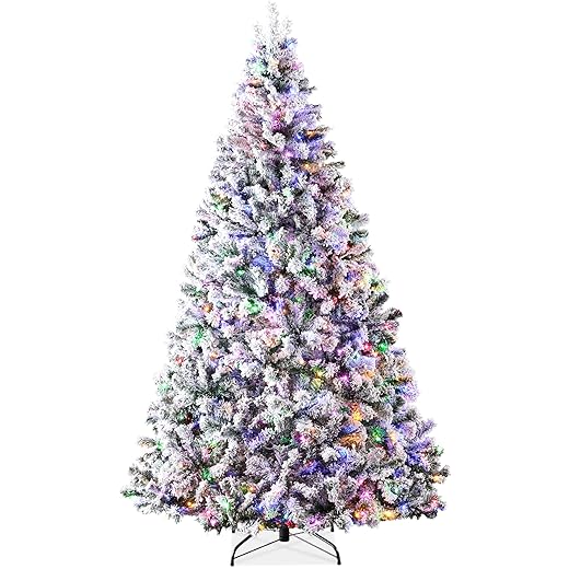 Best Choice Products 7.5ft Pre-Lit Christmas Tree Artificial Snow Flocked Pine Tree for Home, Office, Party Decoration w/ 550 Warm-White & Multicolored Lights, 9 Light Sequences, Metal Base & Hinges
