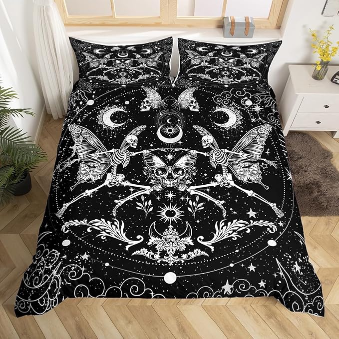 Feelyou Sugar Skull Bedding Set for Kids Gothic Skull Comforter Cover Set Queen Size Halloween Themed Duvet Cover Bedroom Decor Boho Death Moth Bedspread Cover Bedding Collection 3Pcs (No Comforter)