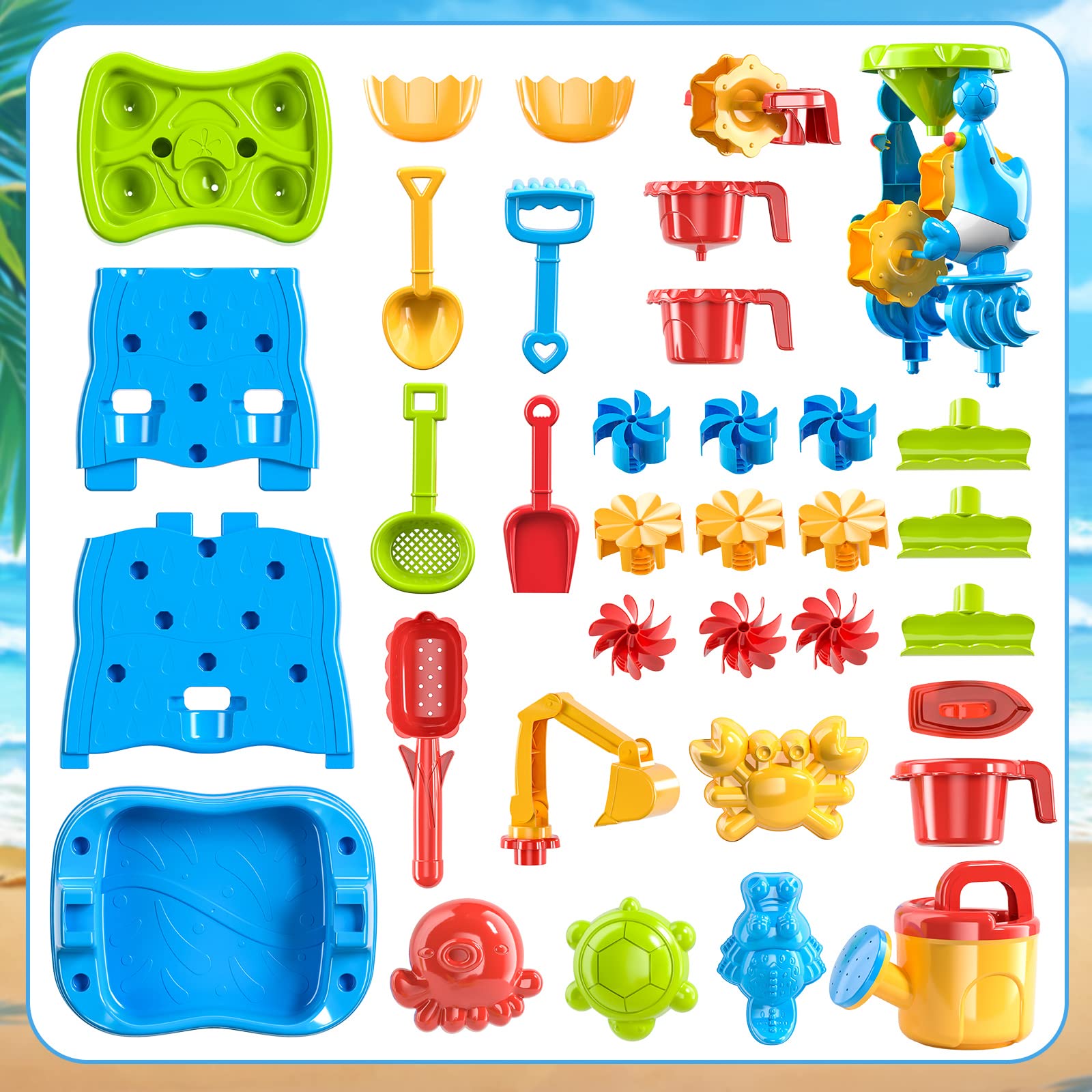 Kids Waterfall Water Table Wall for Toddlers, Double-sided Water Wall Play Toys for 3 4 5 6 7 8 Years Old Boys Girls, 32-Pc Accessory Activity Sensory Table Outdoor Water Fun Toys for Age 3-8