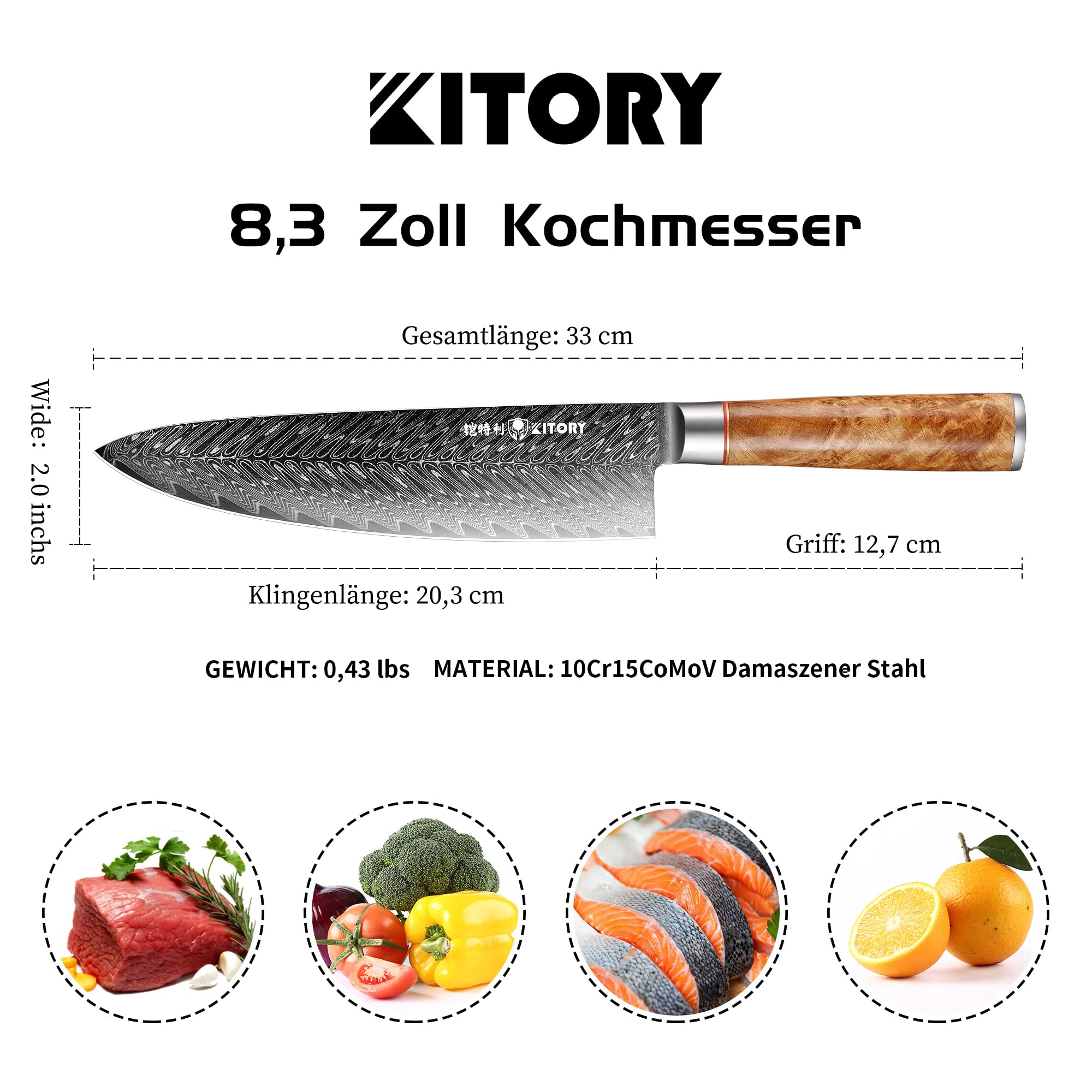 Nóż Szefa Kuchni Damasceński Kitory 20 cm Profesjonalny Nóż Kuchenny z 73-warstwowej Stali Damasceńskiej 10Cr15CoMoV z Rękojeścią z Drewna White Shadow (Biały Cień) - Seria Pro Damast