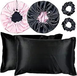 Kit 2 Fronha De Cetim Seda + 2 Toucas + 2 Xuxinhas (Preto/Rosa)