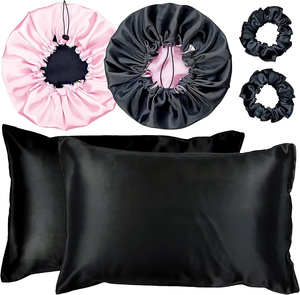 Kit 2 Fronha De Cetim Seda + 2 Toucas + 2 Xuxinhas (Preto/Rosa)