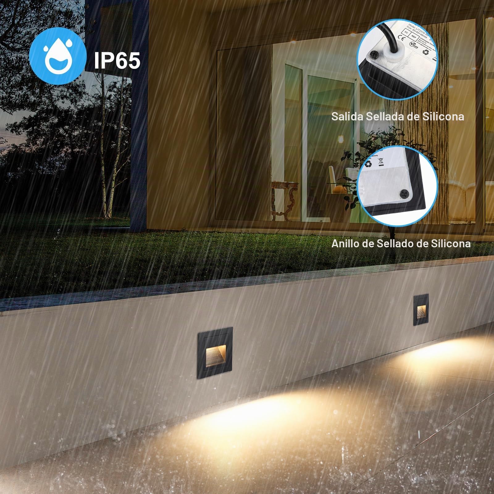 6PACK Iluminación Escalera 3W 300lm, LED Luz de Escalera 230V, 3000K Lampara, Focos Exterior Pared 85x85mm, IP65 Luz de Pared Empotrada para Interior, Exterior, Enchufes Empotrados 68mm Negro