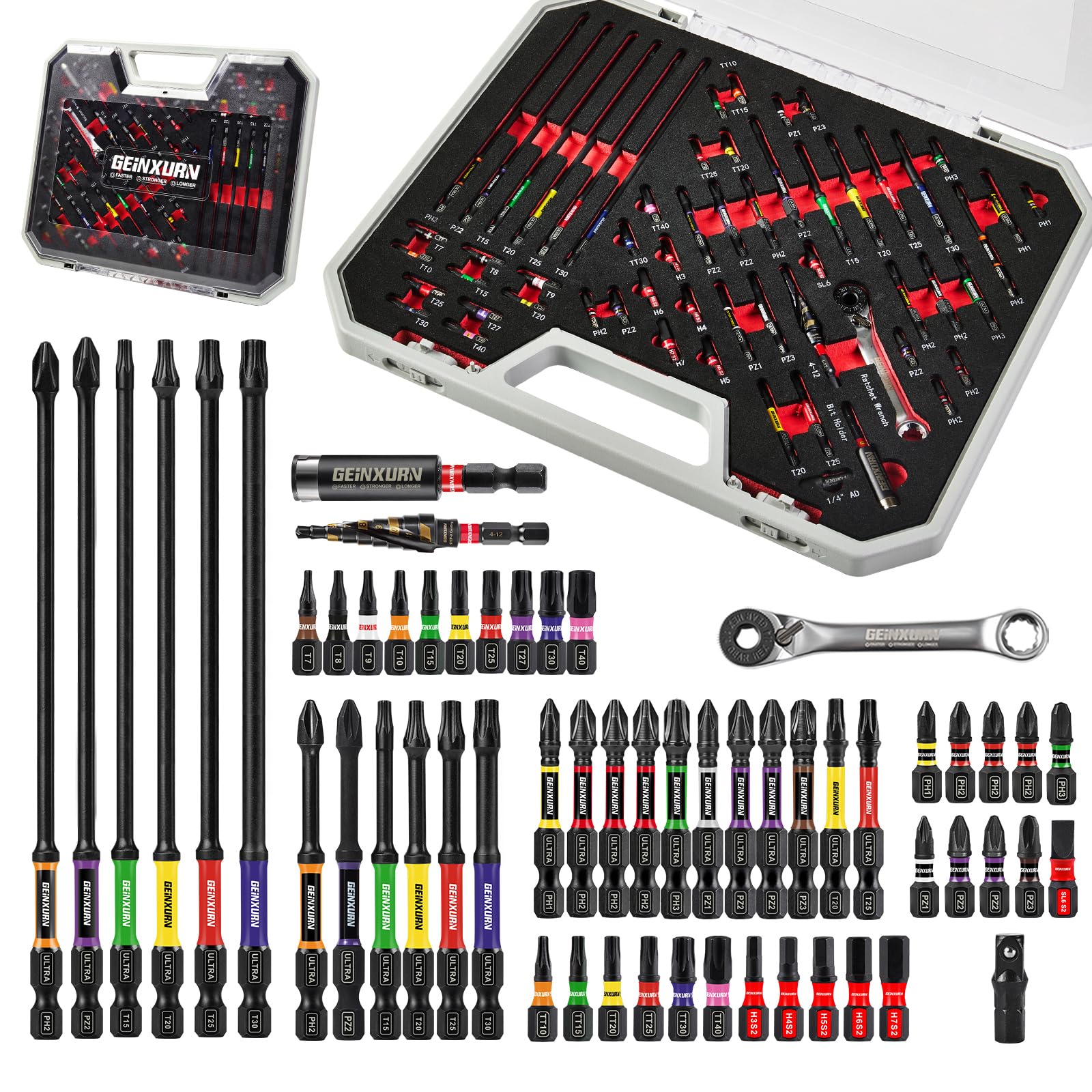 Geinxurn 58Pcs Screwdriver Bits Set, Include Impact Driver Bits (PH/PZ/TORX/HEX), Mini Ratchet Wrench, Step Drill, Socket Adapter and Magnetic Bit Holder with Grey Tool Box for Home Repairs DIY