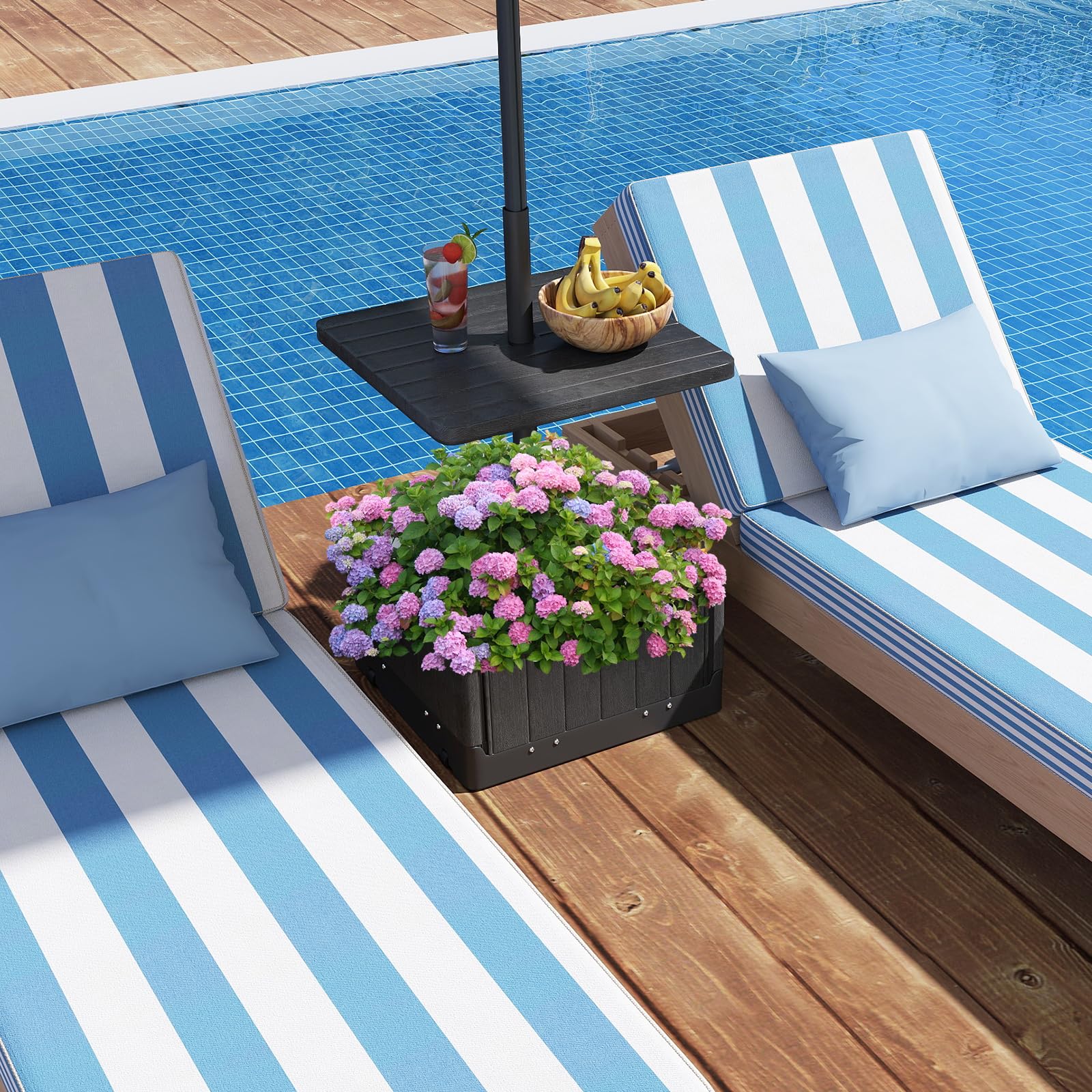 Tangkula 3-in-1 Patio Umbrella Base, 175 LBS Moveable Umbrella Stand w/Table Tray & Weighted Bag, Side Handles, HDPE Frame, 2 Pole Adapters, Garden Coffee Table Planter Box (Black)