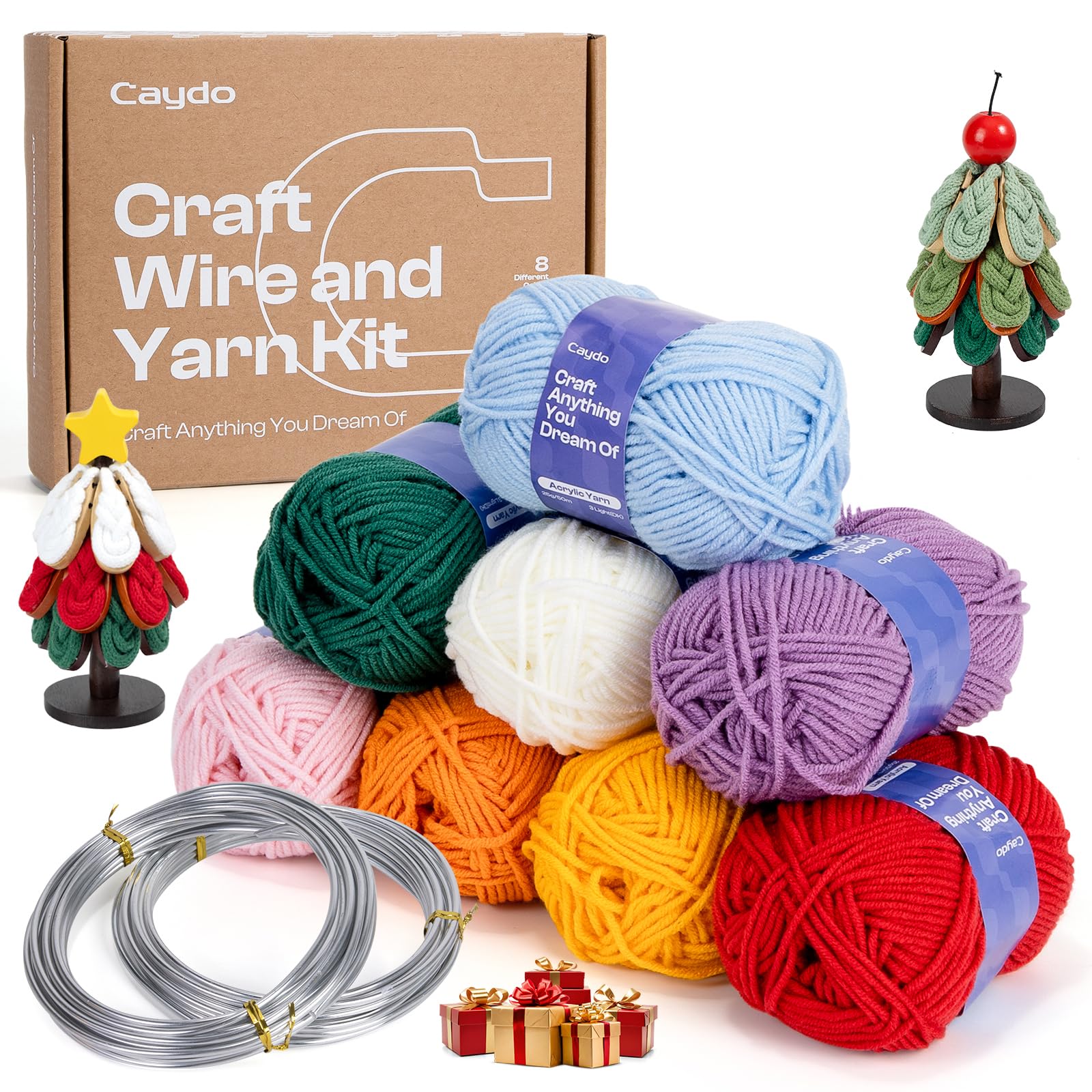 Caydo Aluminum Craft Wire and Acrylic Yarn Skeins Kit, i-Cord Knitting Kits for Beginner for DIY Handicraft Making, Learn to Knitting iCord with i Cord Maker Tool, 8x25g Yarn & 2 Roll 5M x 3 mm Wire