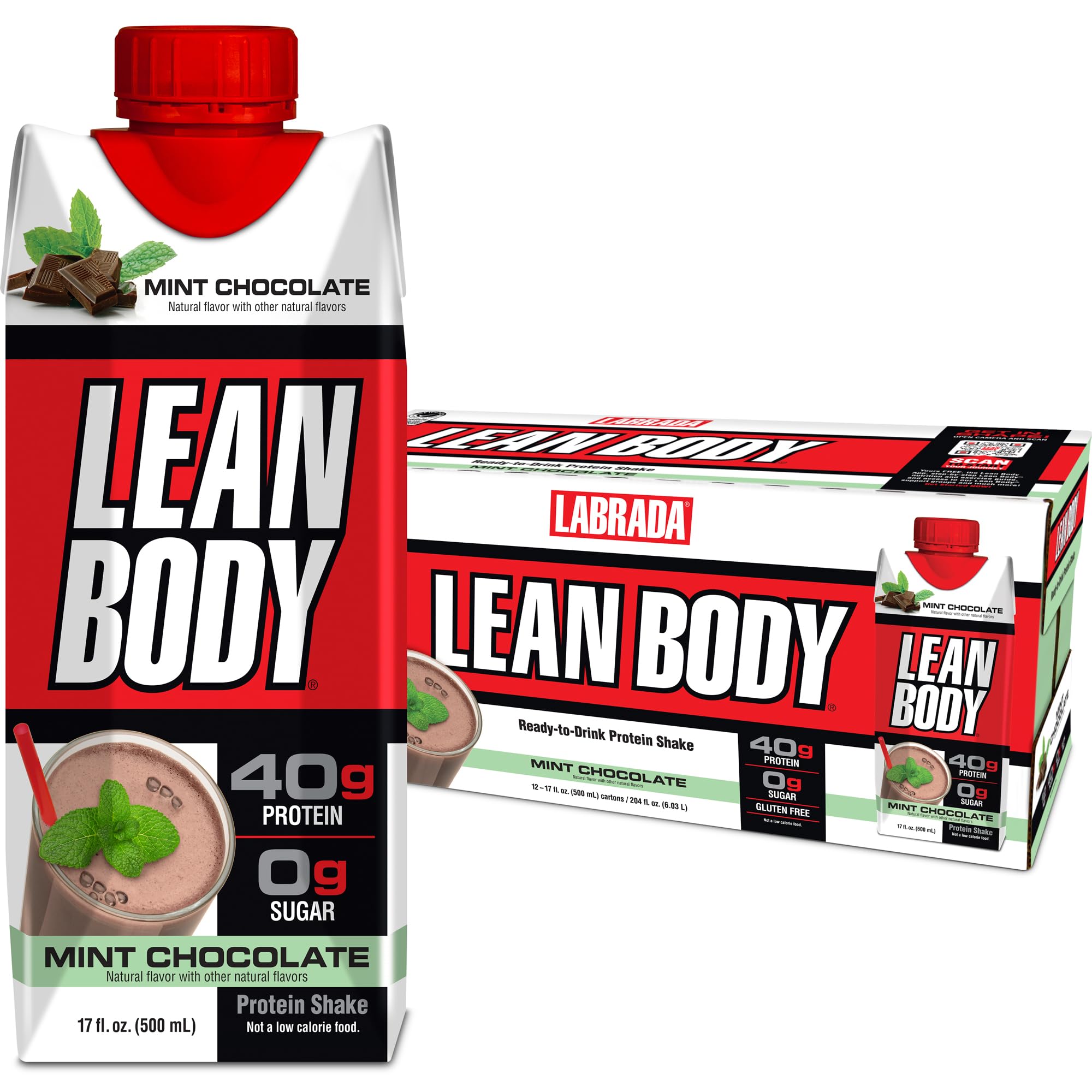 Labrada Lean Body Ready-to-Drink Mint Chocolate Protein Shake, 40g Protein, Whey Blend, 0 Sugar, Gluten Free, 22 Vitamins & Minerals, (Recyclable Carton & Lid - Pack of 12) LABRADA