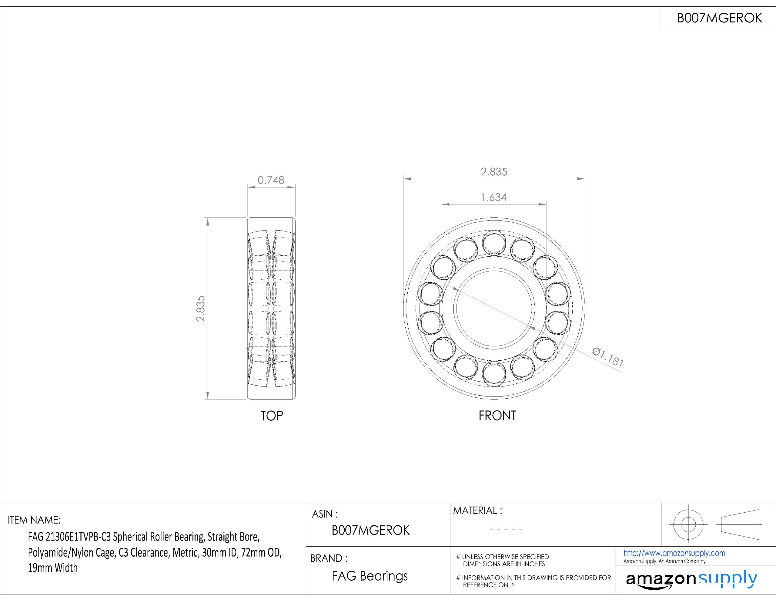 FAG 21306e1tvpb-c3 Sphärische Roller Bearing, gerade Bohrung, Polyamid/Nylon Käfig, C3 Clearance, metrisches, 30 mm ID, 72 mm OD, 19 mm Breite