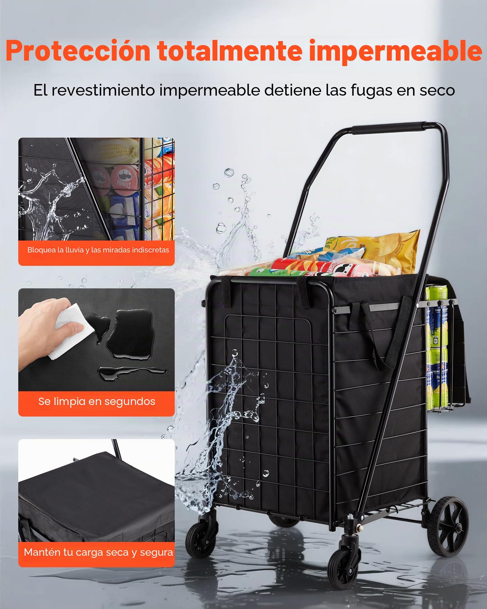 VEVOR Carrito de Compra, Plegable, con Dos Cestas, Revestimiento y Ruedas Impermeables, Capacidad de Carga de 45,3 kg, 64 + 10 L, Ideal para Lavandería, Compras, Camping y Comestibles, Negro