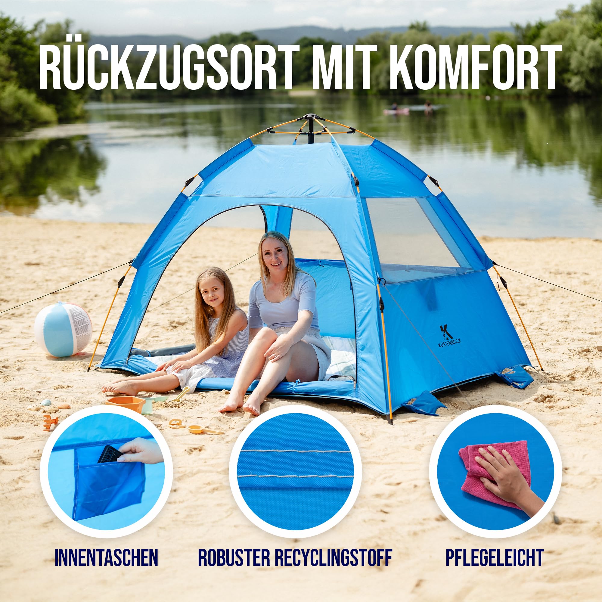 Strandmuschel für 2 Personen – UV-Schutz 50+ & abnehmbarer Boden | Quick-Up System für 10 Sek. Aufbau | Windstabil inkl. Sandtaschen, Seile, Heringe & Tragetasche, Blau