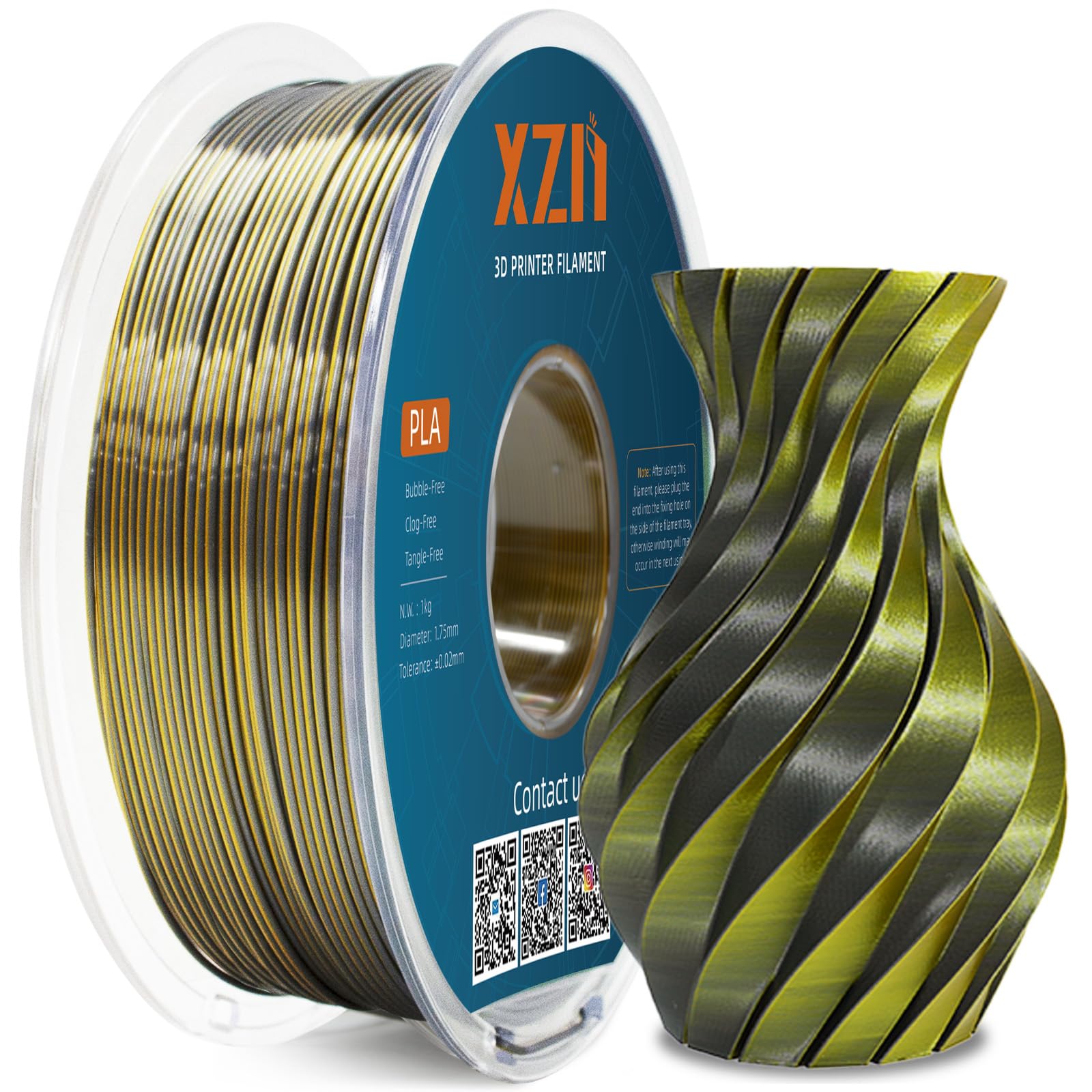 Silk PLA Filament 1.75mm Dual Color Gold Black 1KG, Metal-Like Shiny 3D Printer Filament, Precision ±0.02mm, Neatly Wound, No Clog/Bubble, Durable, Excellent Layer Adhesion, Fits Most FDM Printer