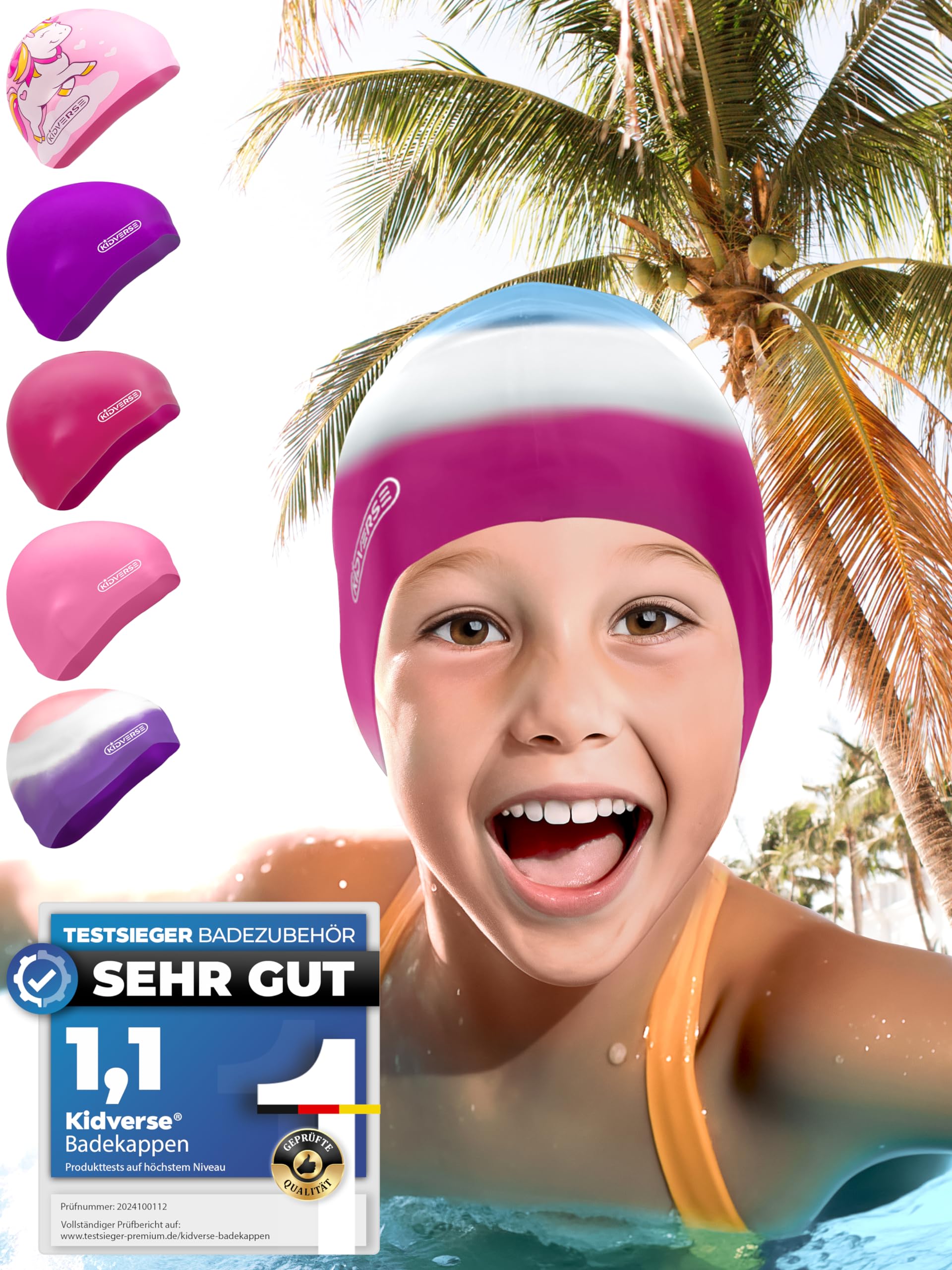 KIDVERSE Badekappe Mädchen - Wasserdichte Badekappe mit Anti-Rutsch-Noppen - Schwimmhaube mit UV-Schutz - 100% Reißfest