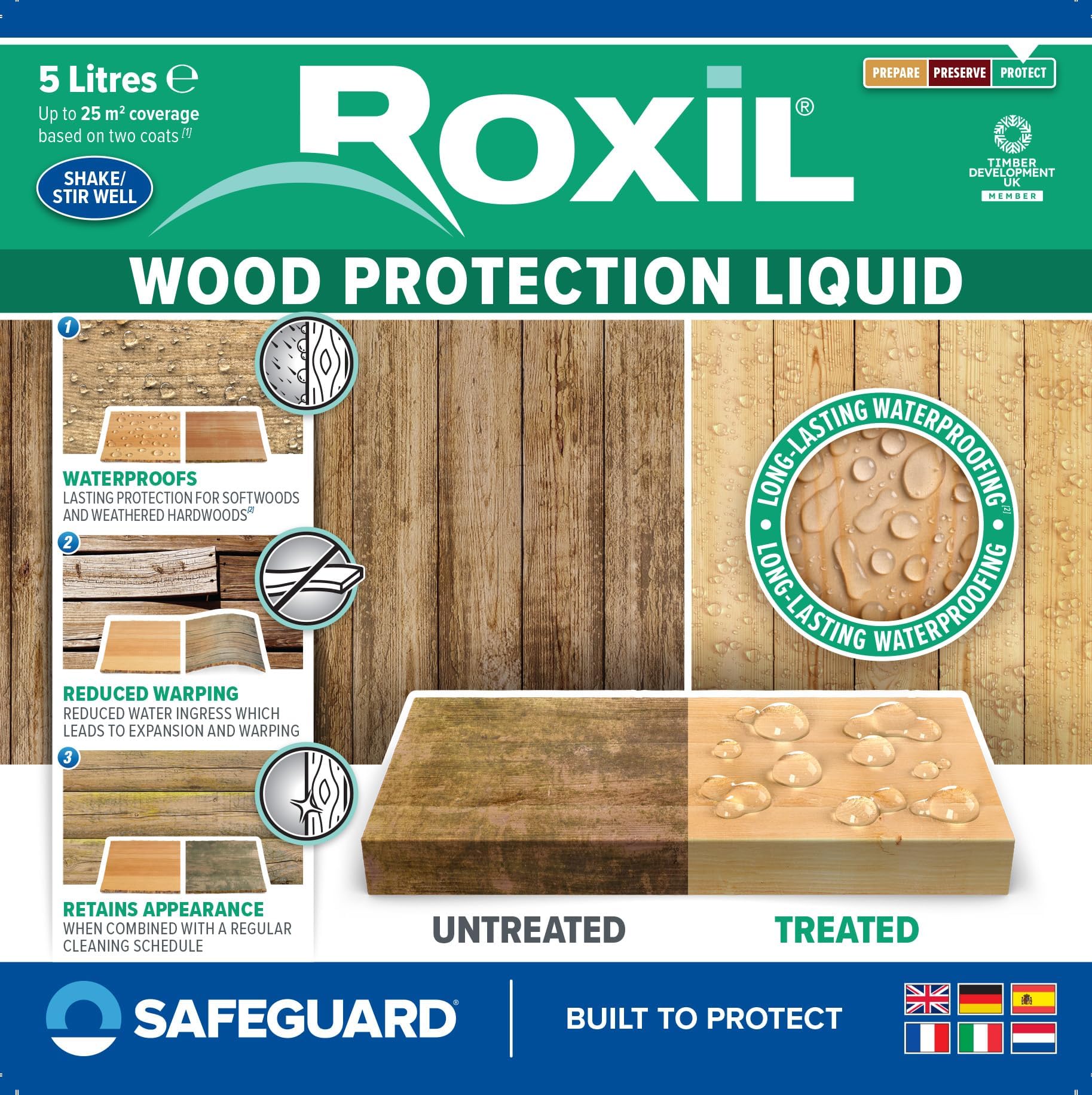 Roxil Liquide Imperméabilisant pour Bois 5 litres Protection Hydrofuge Extérieur Incolore 25m2