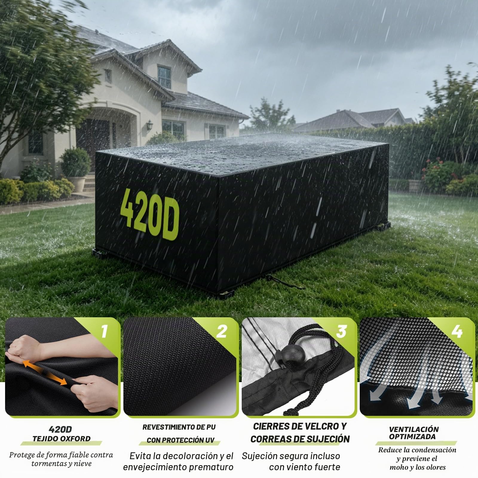 Funda para Muebles de Jardín Exterior 420D Oxford 270x180x89cm | Negro, 420D Oxford, Impermeable, Anti-UV y Resistente al Desgarro, con Cordón y Correas, para Mesa y Muebles de Jardín