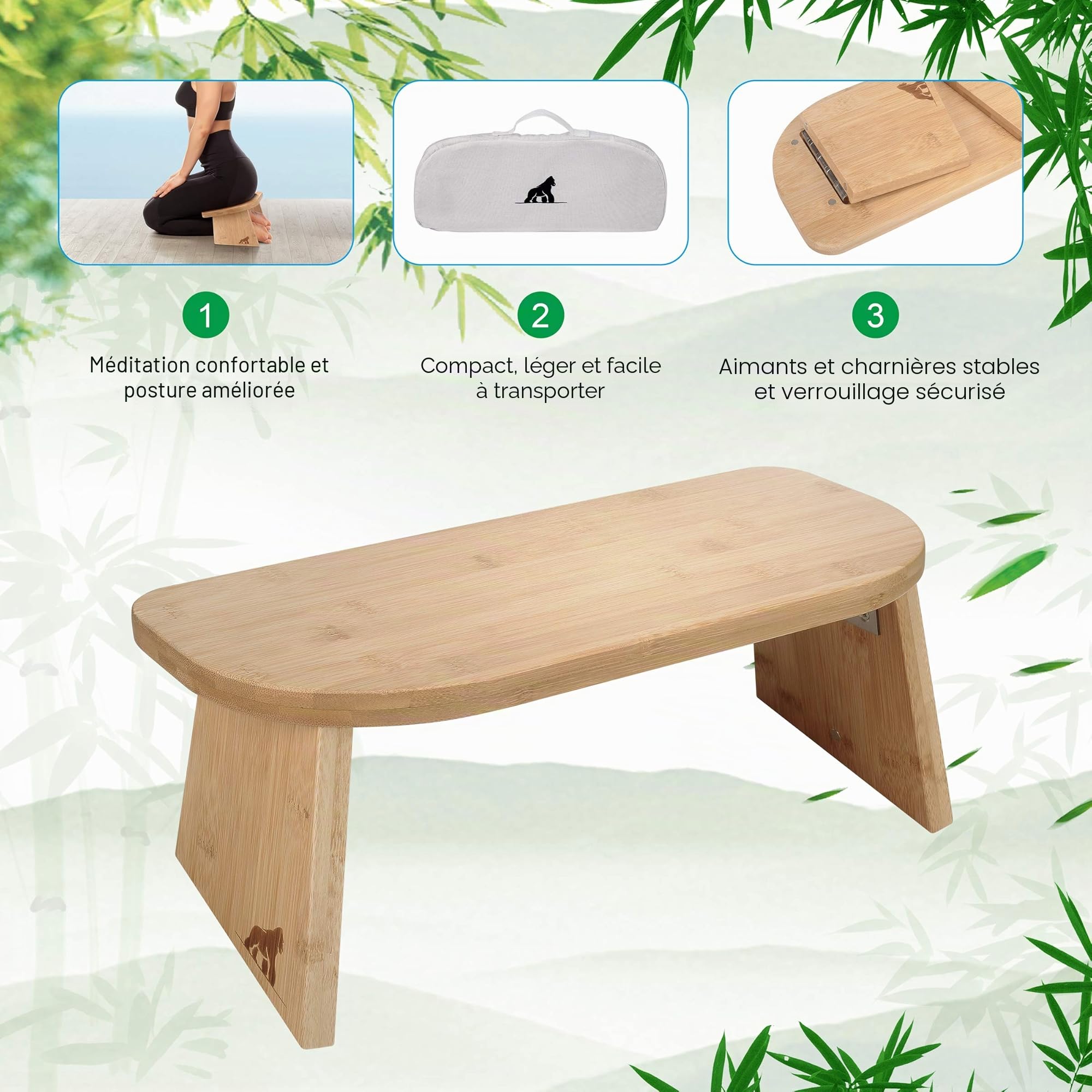 Banc de Méditation Bambou Pliable – Banc de Prière Catholique – Yoga Pliable Zabuton – Bambou Naturel