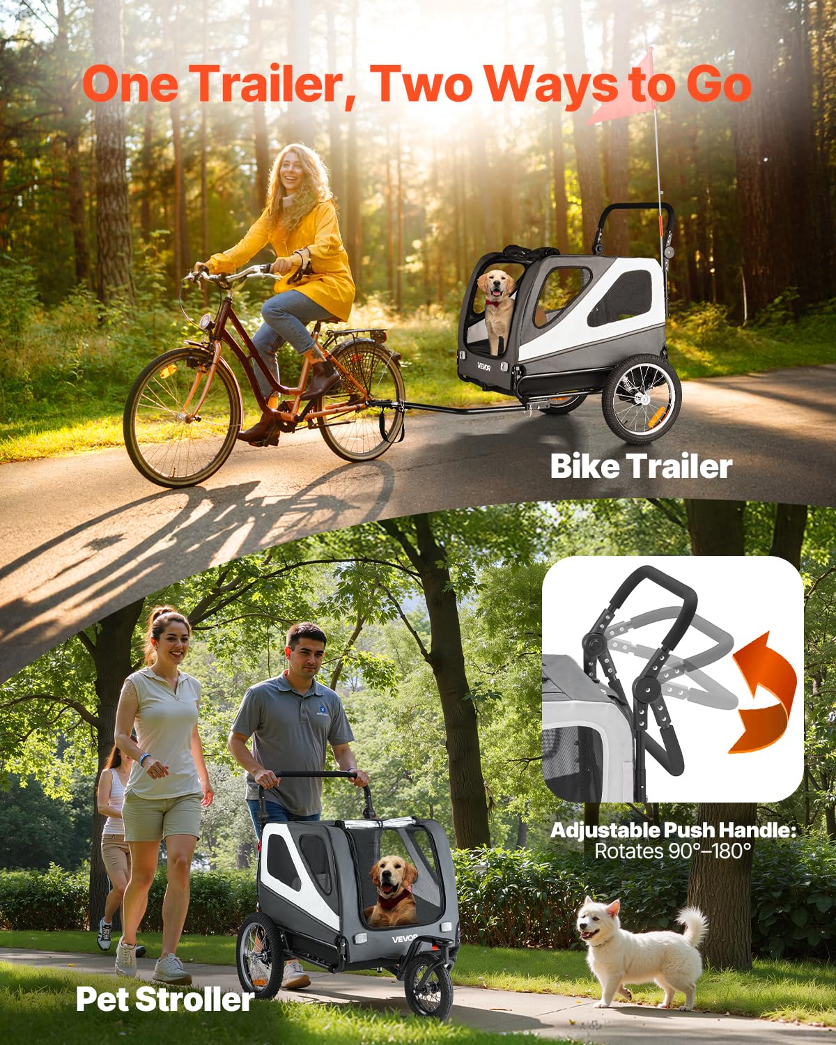 VEVOR Remorque de Vélo Chien Pliable ChargePoussette Animaux de CompagnieFacile à Plier avec Roues à Dégagement Rapide, Coupleur de Vélo Universel, Réflecteurs, Drapeau,
