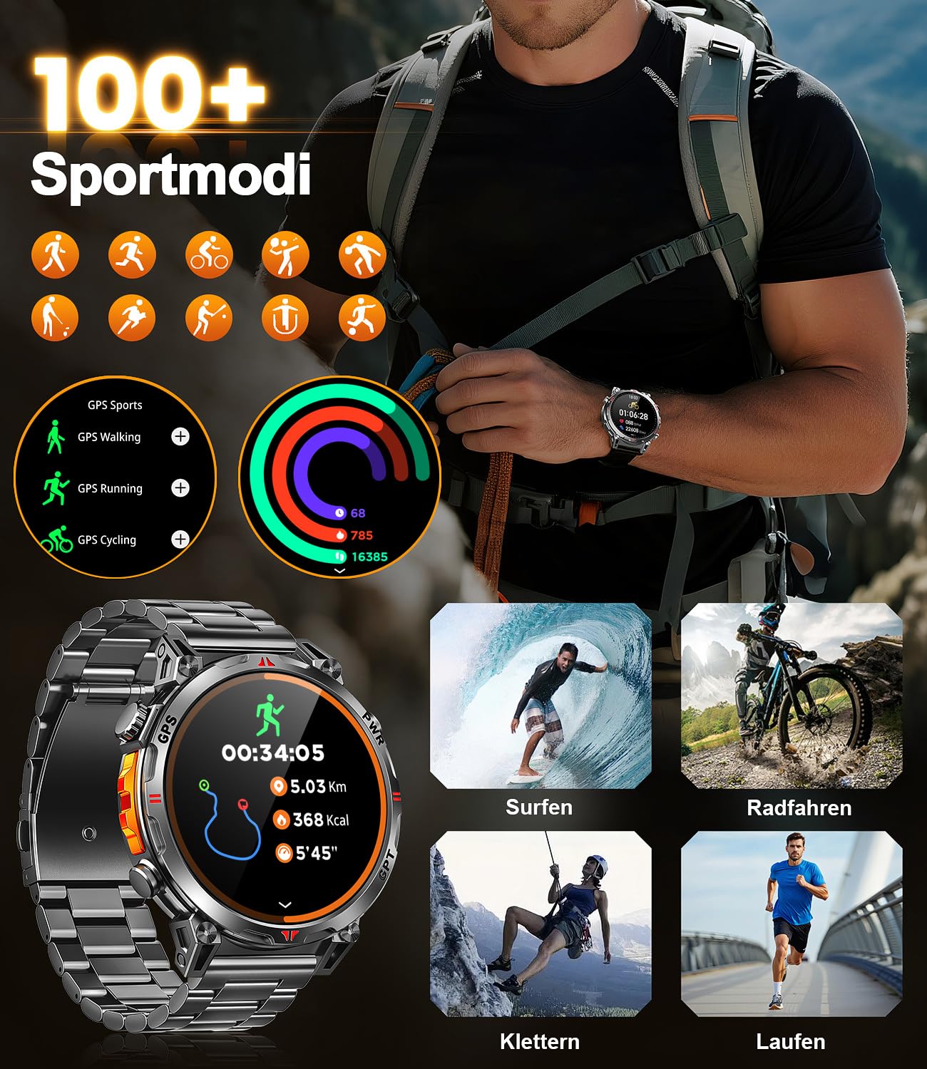 GPS Smartwatch Herren, Militär Smartwatch GPS Sportuhr 1.6" AMOLED Display,Telefoniefunktion, Herzfrequenz, Schlaf, 5 GPS-Sportmodi, 100+ Sportmodi Fitnessuhr für Android iOS