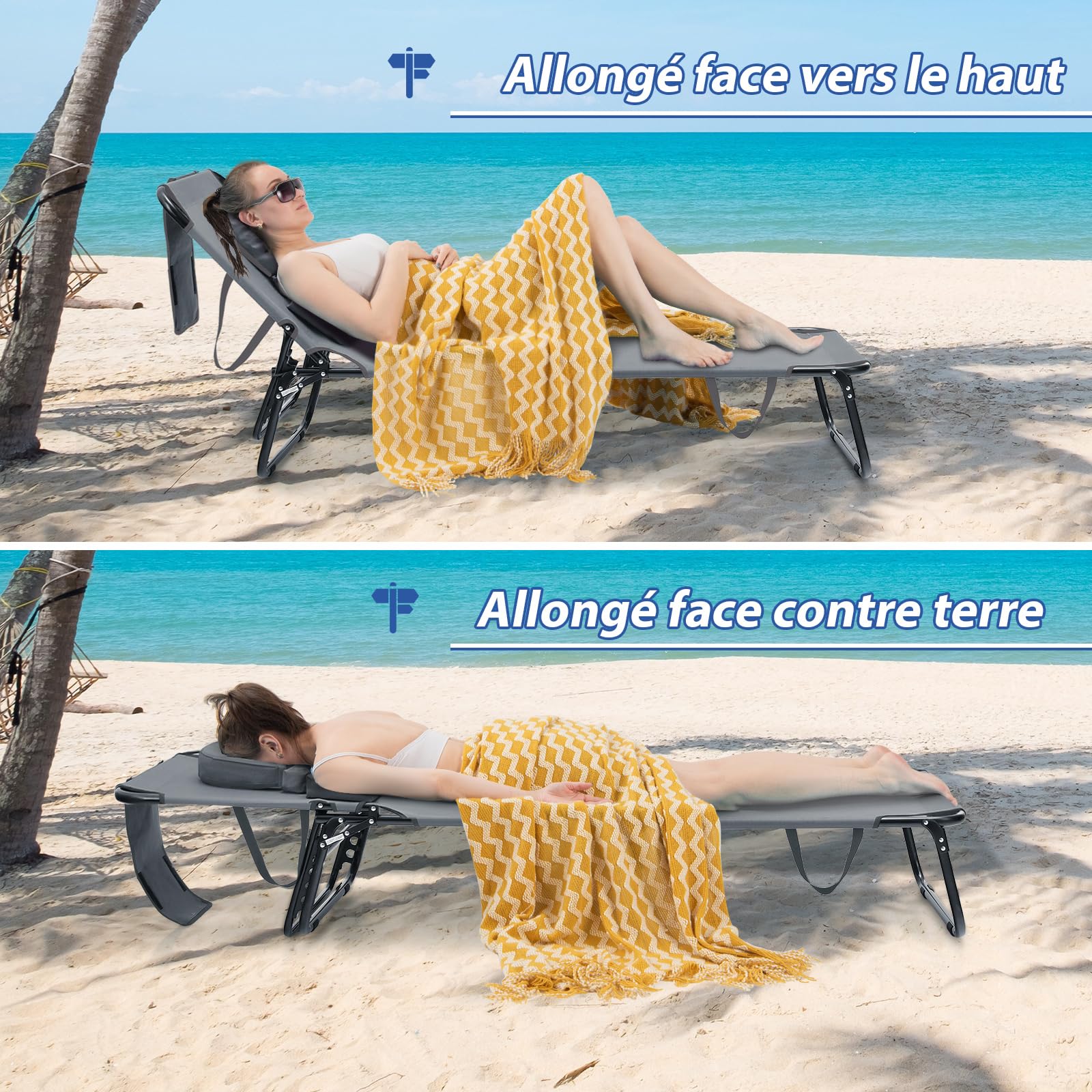 GOPLUS Chaise Longue Pliante Inclinable à 4 Positions Réglables, Transat Jardin Extérieur avec Oreiller Détachable, Lit de Camping, pour Terrasse/Plage 189X59X40CM (1, Gris, 73x63x16CM)