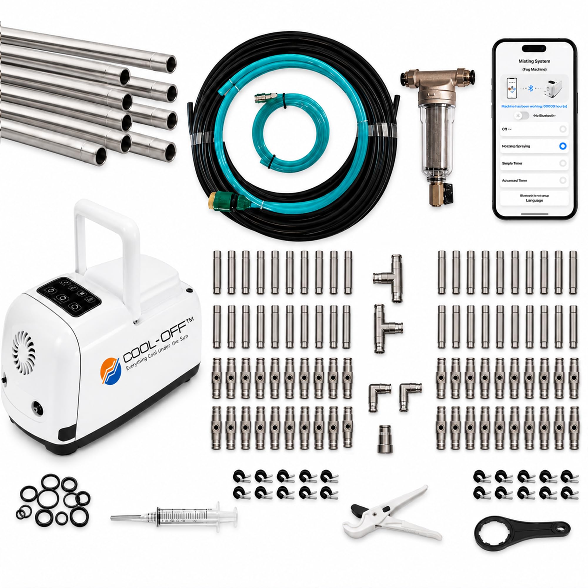 80’ High-Pressure Mist Cooling System Kit with Premium Edition Remote Pump W/App Control Comes with the Upgraded CO300 Pump (.008-40 nozzles) (White 1/4" Tubing 80 ft)