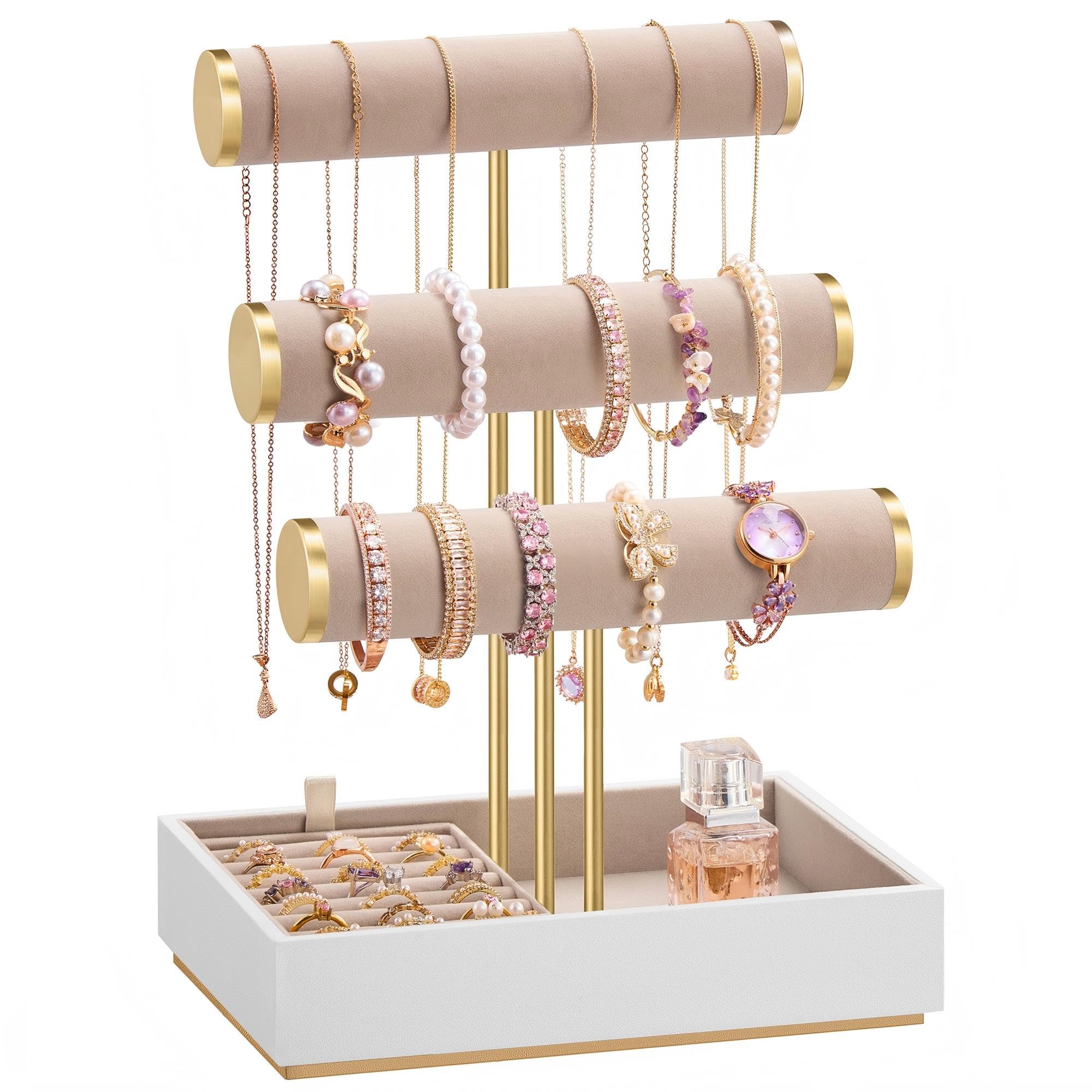 SONGMICS Bracelet Holder Stand, Jewellery Display Stand, Jewellery Organiser, with 3 Tiers and Velvet Tray, Removable Ring Holder, Cloud White and Camel Brown JJS027A01-image-48