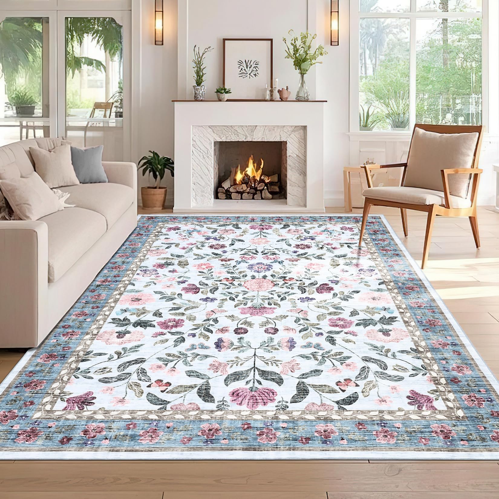 CAROMIO 200x290 cm Large Floral Living Room Rug, Non-Slip Washable Farmhouse Carpet for Bedroom, Low Pile Foldable Soft Area Rug for Dining Nursery Office, Blue — image 1