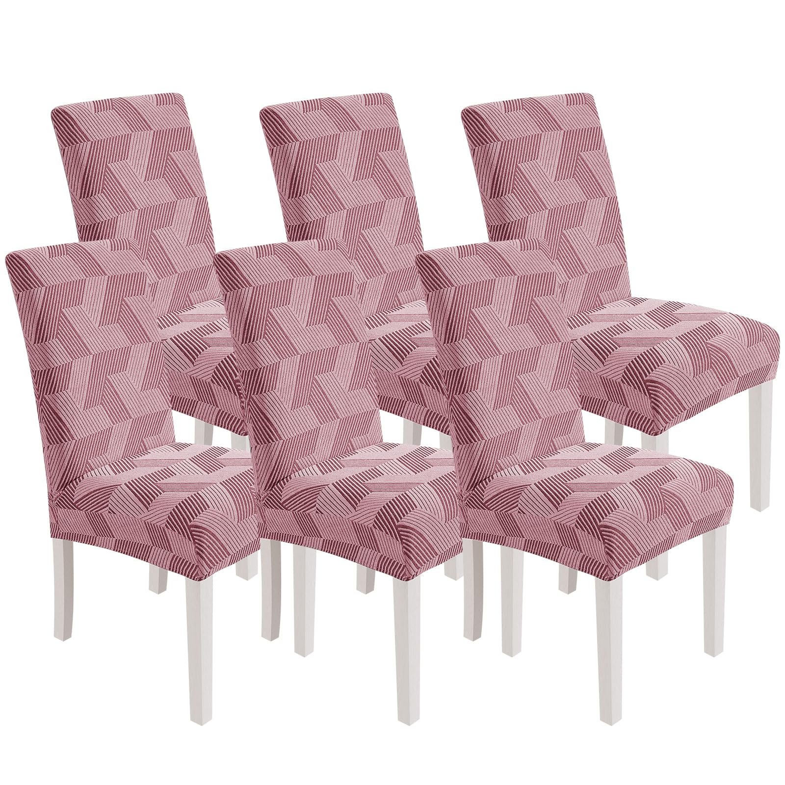 XINEAGE 6 Packs Dining Chair Slipcovers, Geometrical Jacquard Parson Dining Chair Covers, Washable Chair Protectors for Dining Room, Kitchen, Restaurant, Hotel, Pink