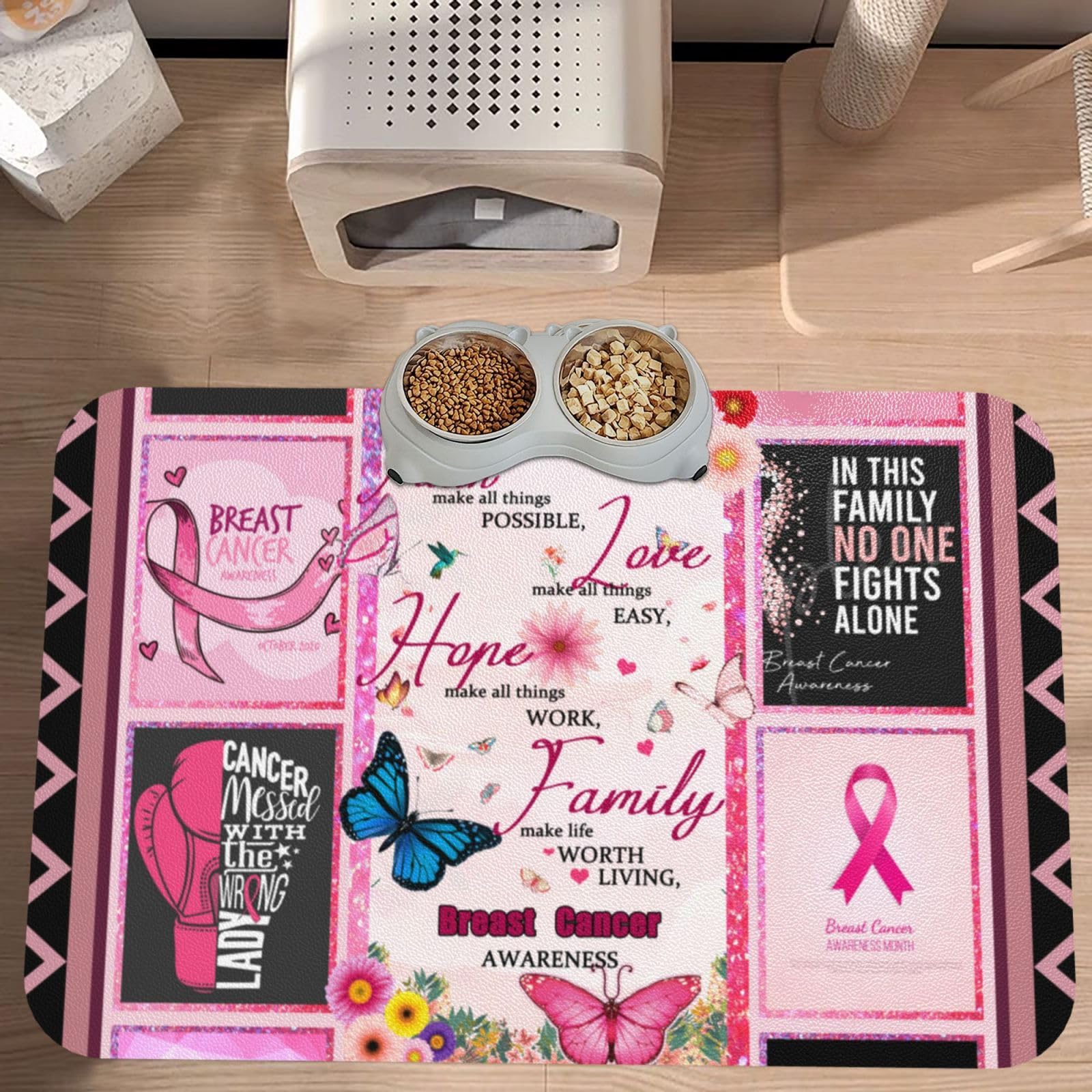 Pink Ribbon Breast Cancer Awareness Absorbent Dog Mats for Food and Water Waterproof Pet Bowl Liner Anti-Slip Dog Feeding Mats Quick Dry Pet Placemat to Protect Floors
