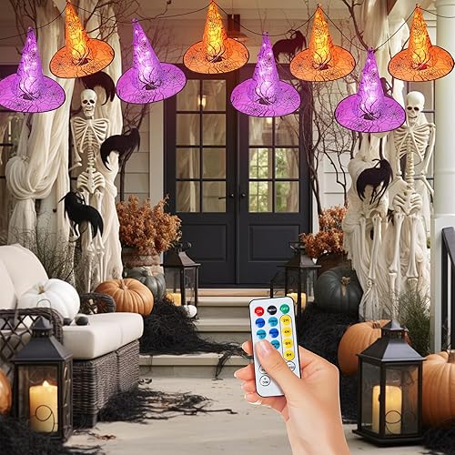 Miniatura 6 de Sombrero de bruja para decoración de Halloween, 8 piezas de sombrero de bruja colgante iluminado, cadena de luces de Halloween con 8 modos de