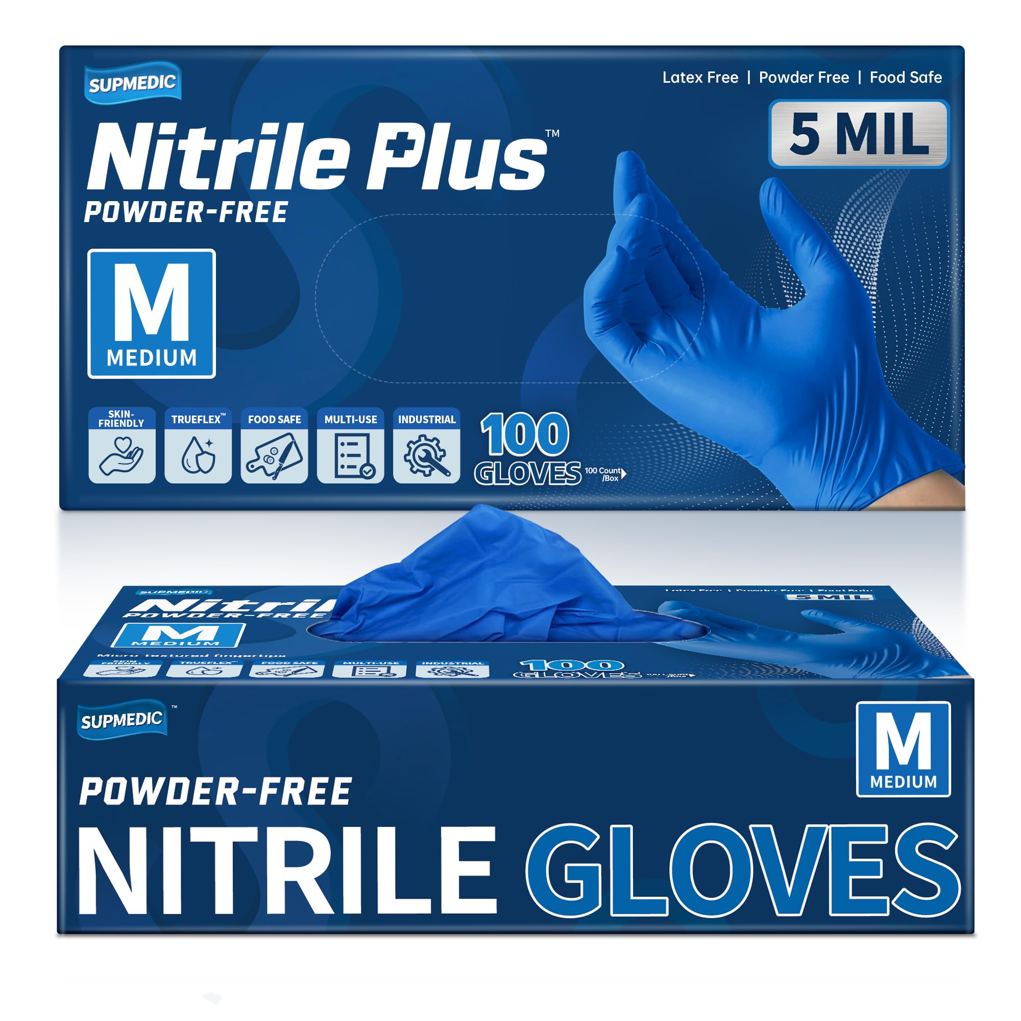 Supmedic Nitrile+ Disposable Gloves, 5 Mil Latex &amp; Powder-Free Glove 100 Ct