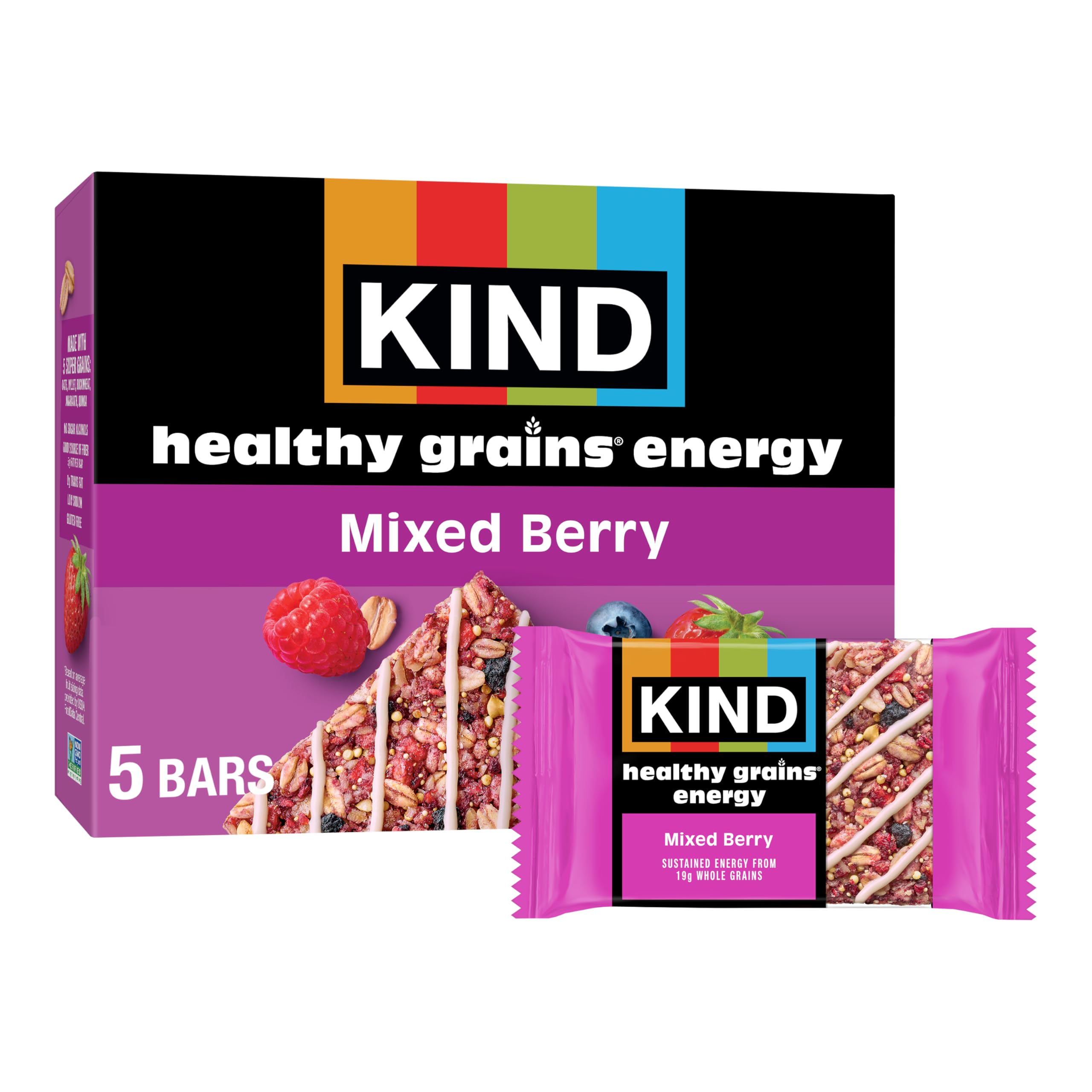 KIND Healthy Grains Energy Bars, Mixed Berry, 19g Whole Grains, Made with Super Grains, Gluten Free Snacks, 5 Ct, 7.1oz