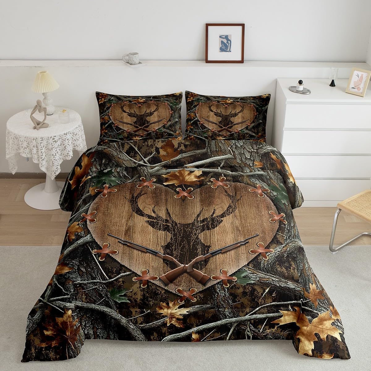 Erosebridal Deer Comforter Set Queen Size for Kids Boys Girls Hunting Bedding Set Farmhouse Wildlife Rustic Comforter Camo Elk Bedroom Decor Warm Leaves Antlers Tree Gun Pattern Cabin Duvet Quilt
