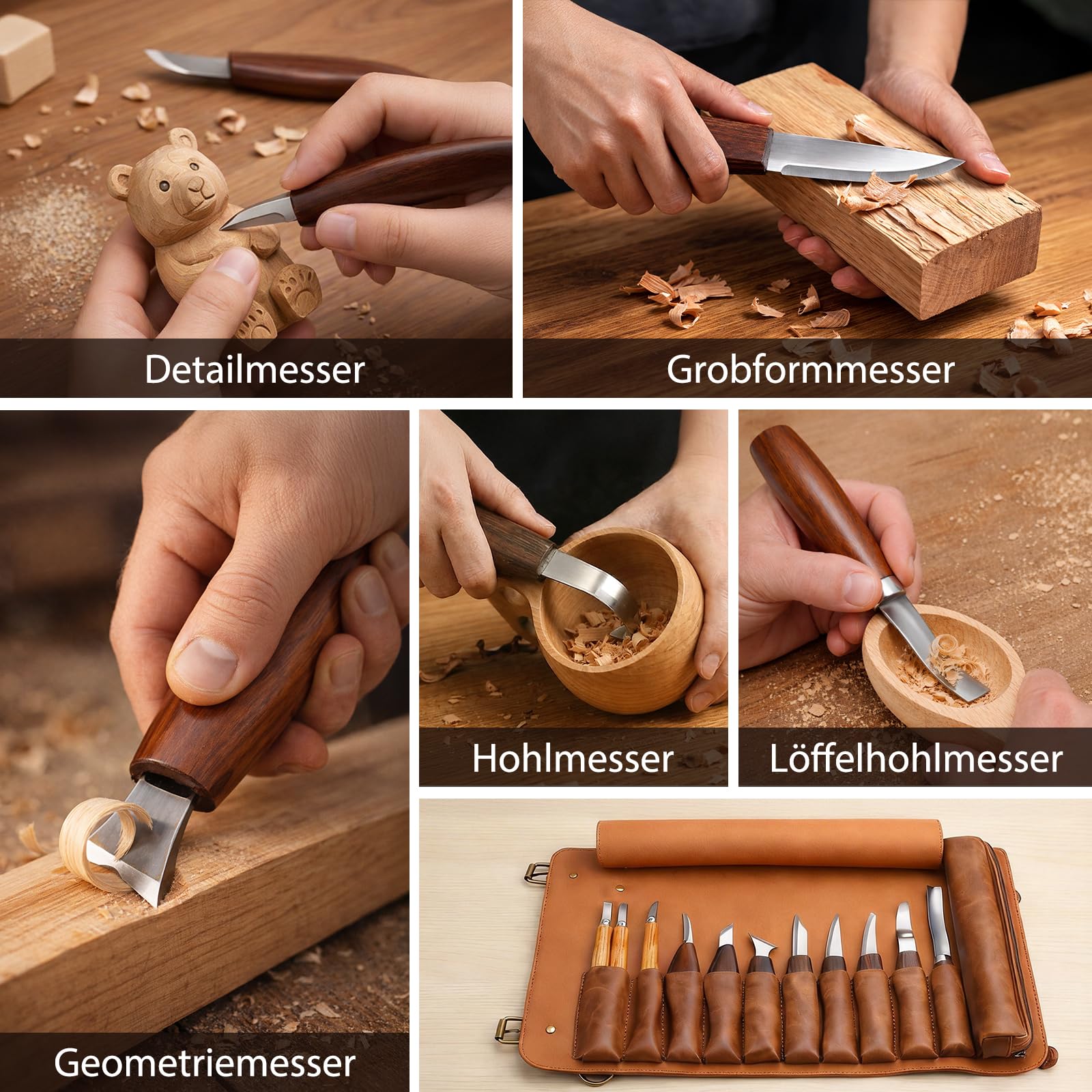 Holzschnitzerei-Set | Holzschnitzwerkzeug-Set | Tekchic 14-teiliges Schnitzmesser-Set mit PU-Lederetui (braun) – für Anfänger, Profis & Holzschnitz-Enthusiasten