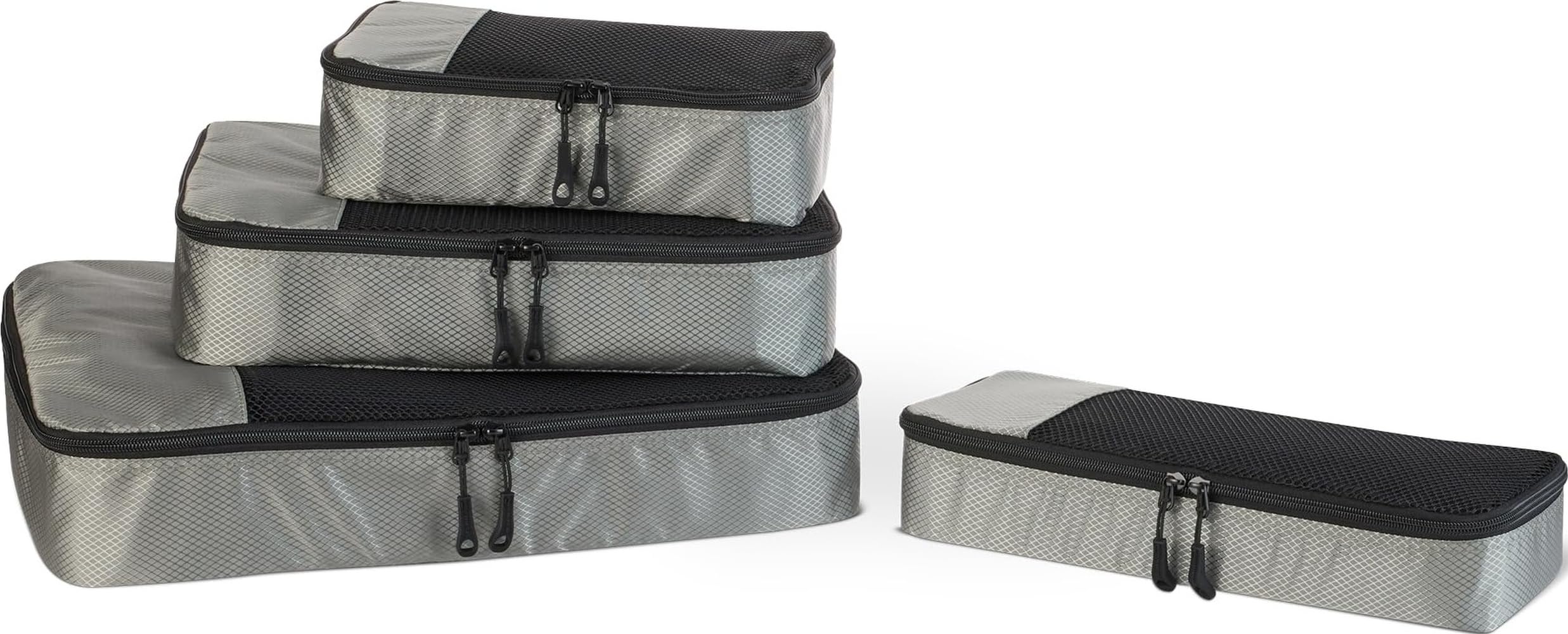 Amazon Essentials 4-Piece Packing Cubes Travel Accessories Set, Space-Saving Luggage Organizer with Double Zipper, Mesh Top Panel, Small/Medium/Large/Slim, Gray (Previously Amazon Basics)