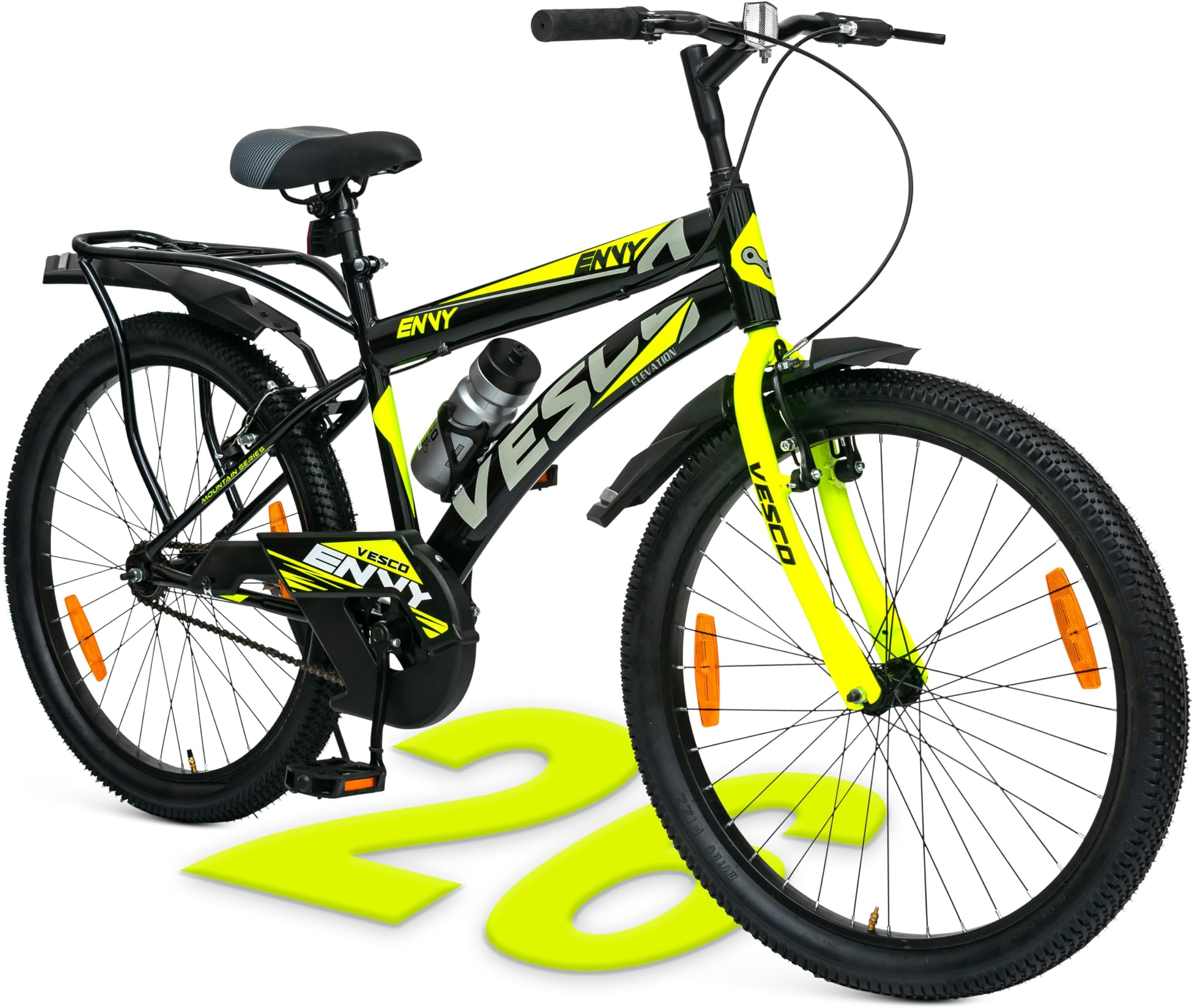 VESCO Envy Black 26T Road Bike with Inbuilt Carrier | Rigid Supsension | 17 Inch Frame | Cycle for Boys/Men (Single Speed)