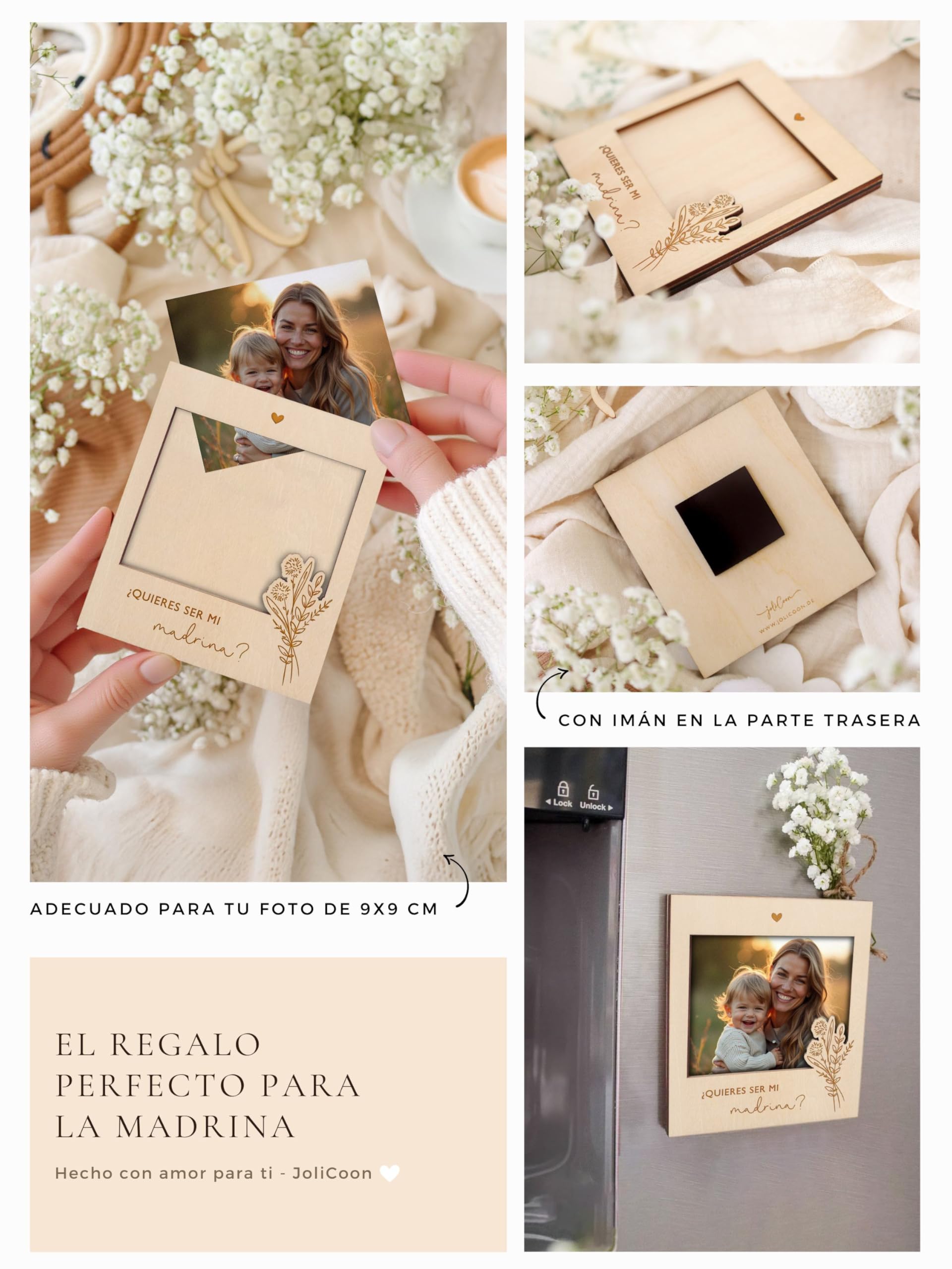 Joli Coon Marco de madera para preguntar a la madrina y al padrino - Quieres ser mi madrina - Quieres ser mi padrino - Marco de madera magnético para foto juntos