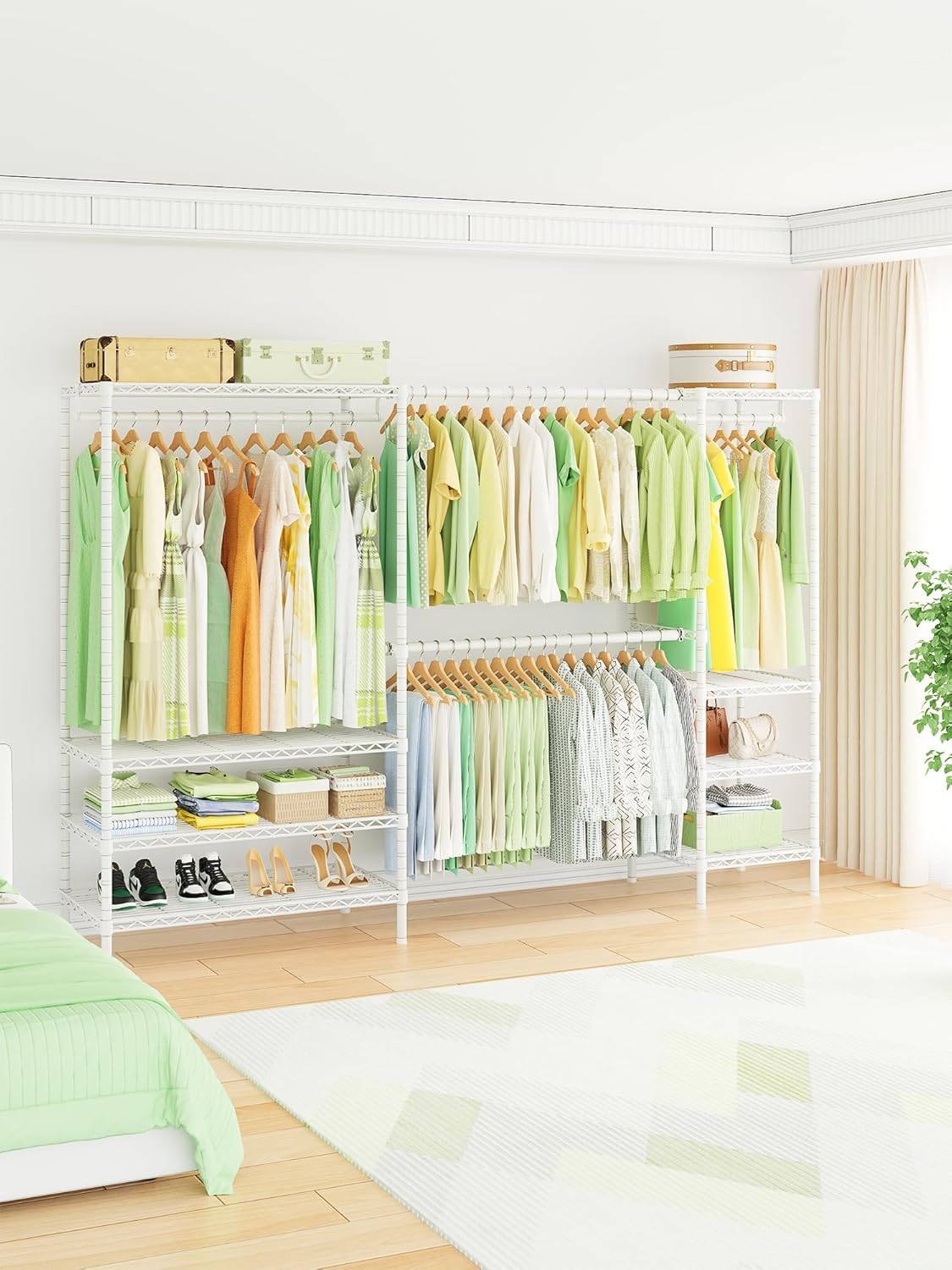 Ulif E11 Heavy-Duty Garment Rack, Metal Freestanding Clothes Rack and Closet Storage Organizer with 8 Shelves and 4 Hanger Rods, (73.2-97.6)" W x 14.5" D x 71.2" H, Load 1034 LBS, White