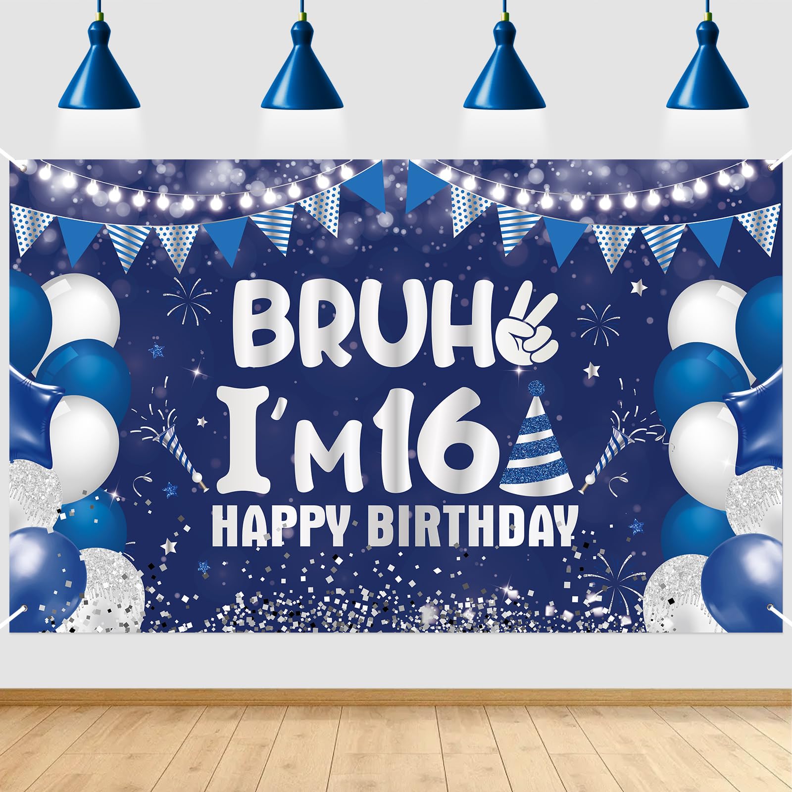 16th Birthday Party Decorations Backdrop for Boys Blue Silver Bruh I'm 16 Banner Funny Teenage Bday Banner Teen Boy 16th Birthday Decor 5.9x3.6ft Happy 16 Years Old Birthday Party Supplies — image 1