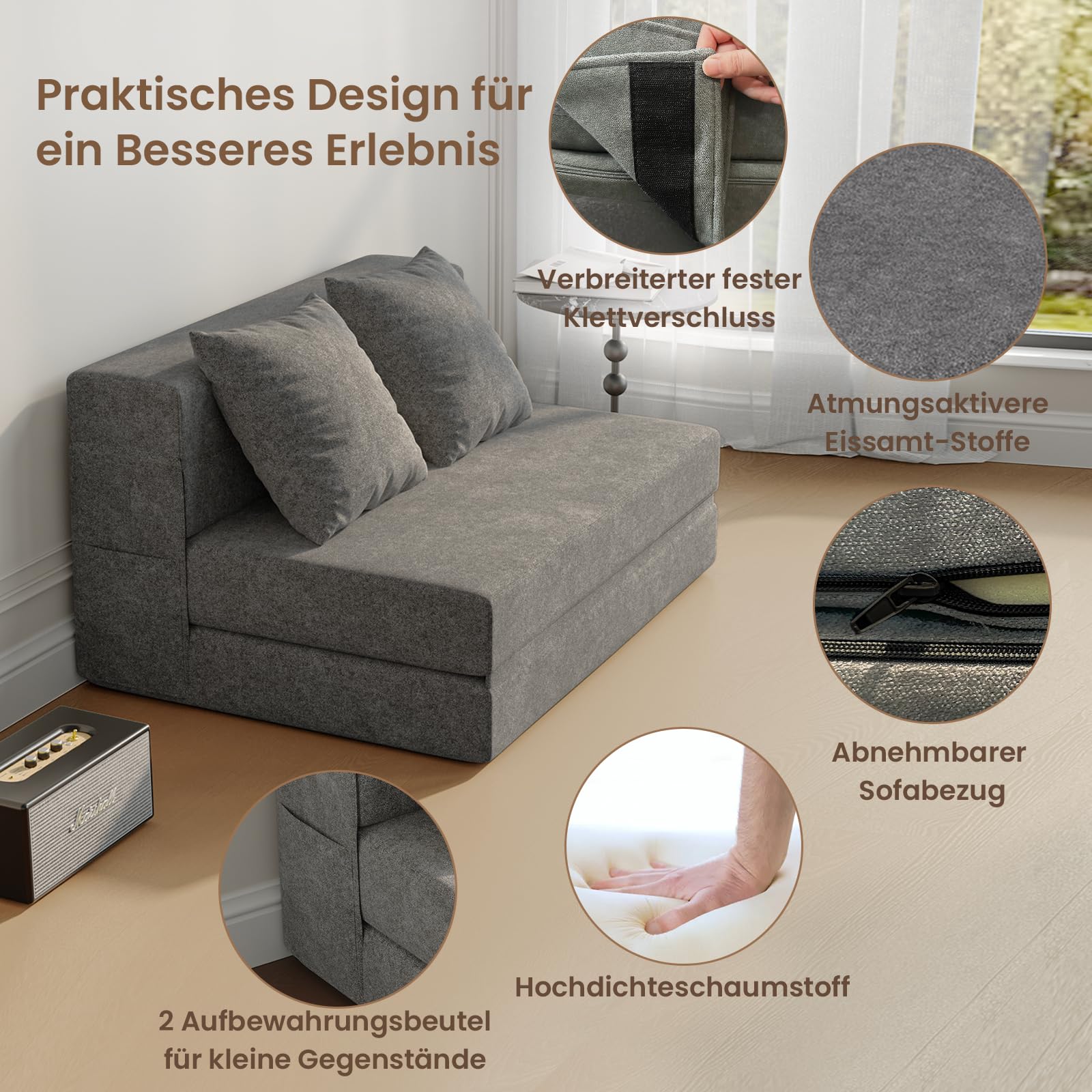Schlafsessel mit Bettfunktion, 5 in 1 Klappbar Schlafsofa 99 cm Breit Bettsofa mit Kissen & Seitentaschen, Bodenmatratze für Wohnzimmer Schlafzimmer Büro Gästezimmer, Dunkelgrau