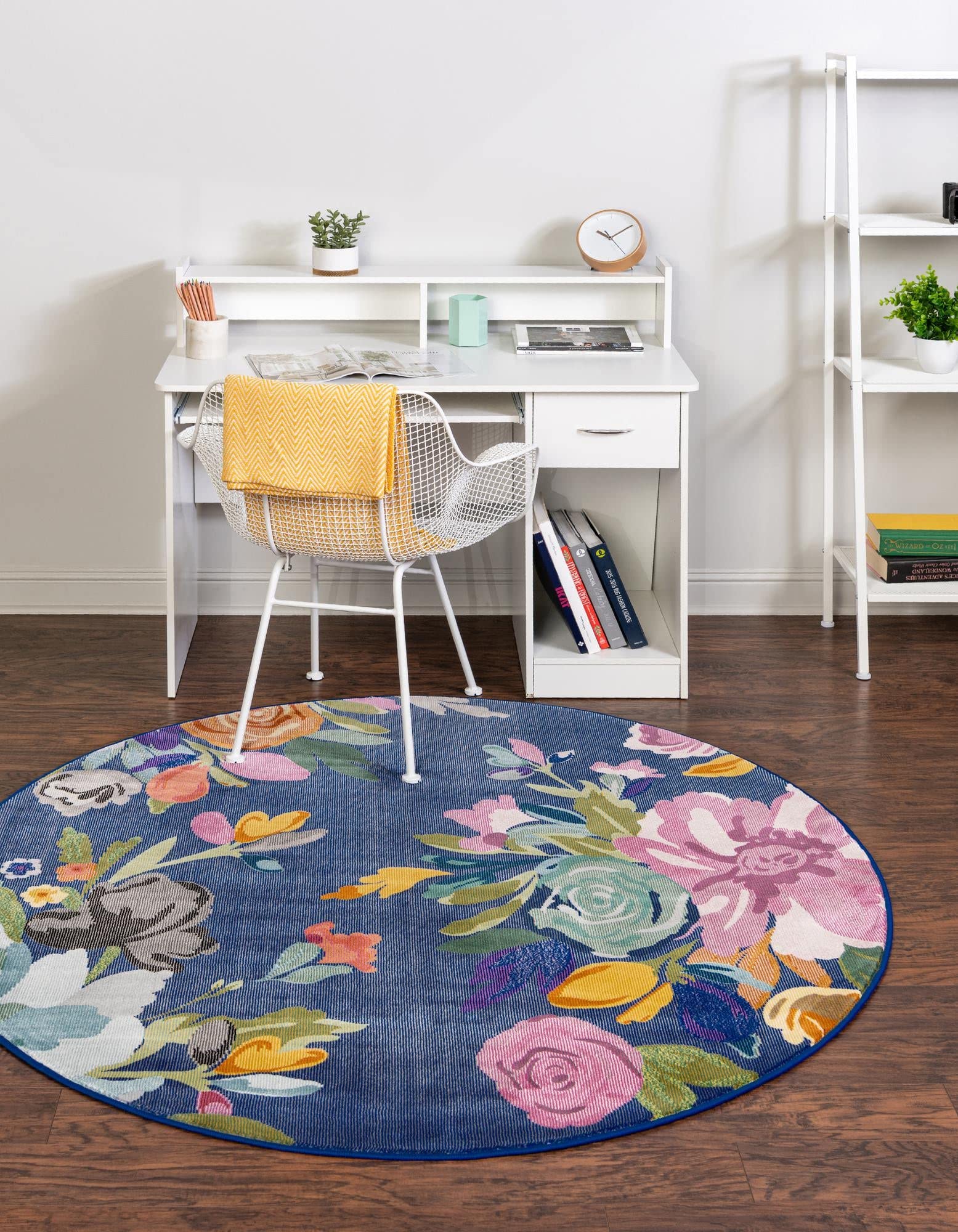 Unique Loom Blossom Collection Area Rug - Laura (5' 3" Round, Blue/ Gold)