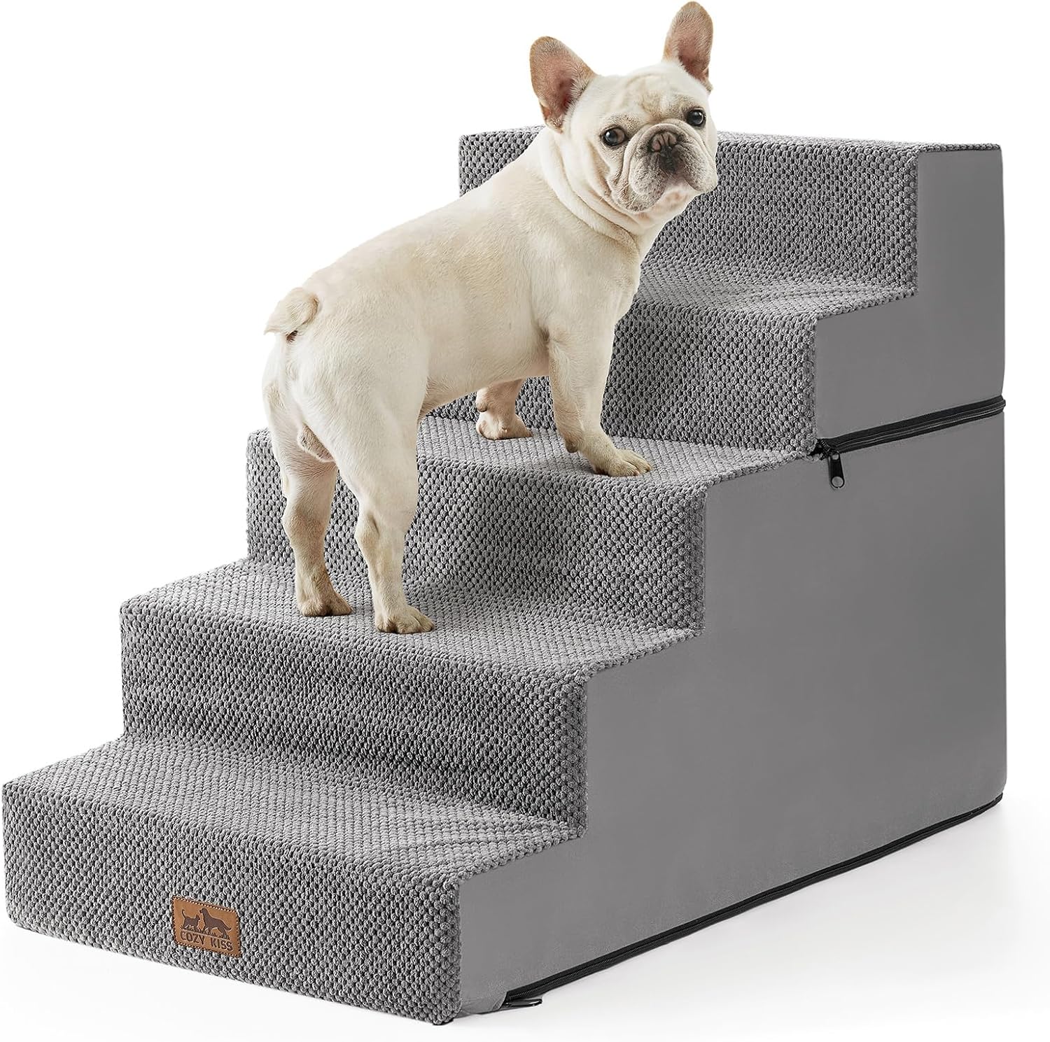 CCOZY KISS Dog Stairs for Small Dogs, 5 Tier Removable Wider Pet Stairs for Couch and Bed, 23.6" H Non-Slip Dog Steps for Puppies and Old Cats with Support Board, 19.7x29.5x23.6 inch, Grey Grey 5.0 19.7x29.5x23.6 inch