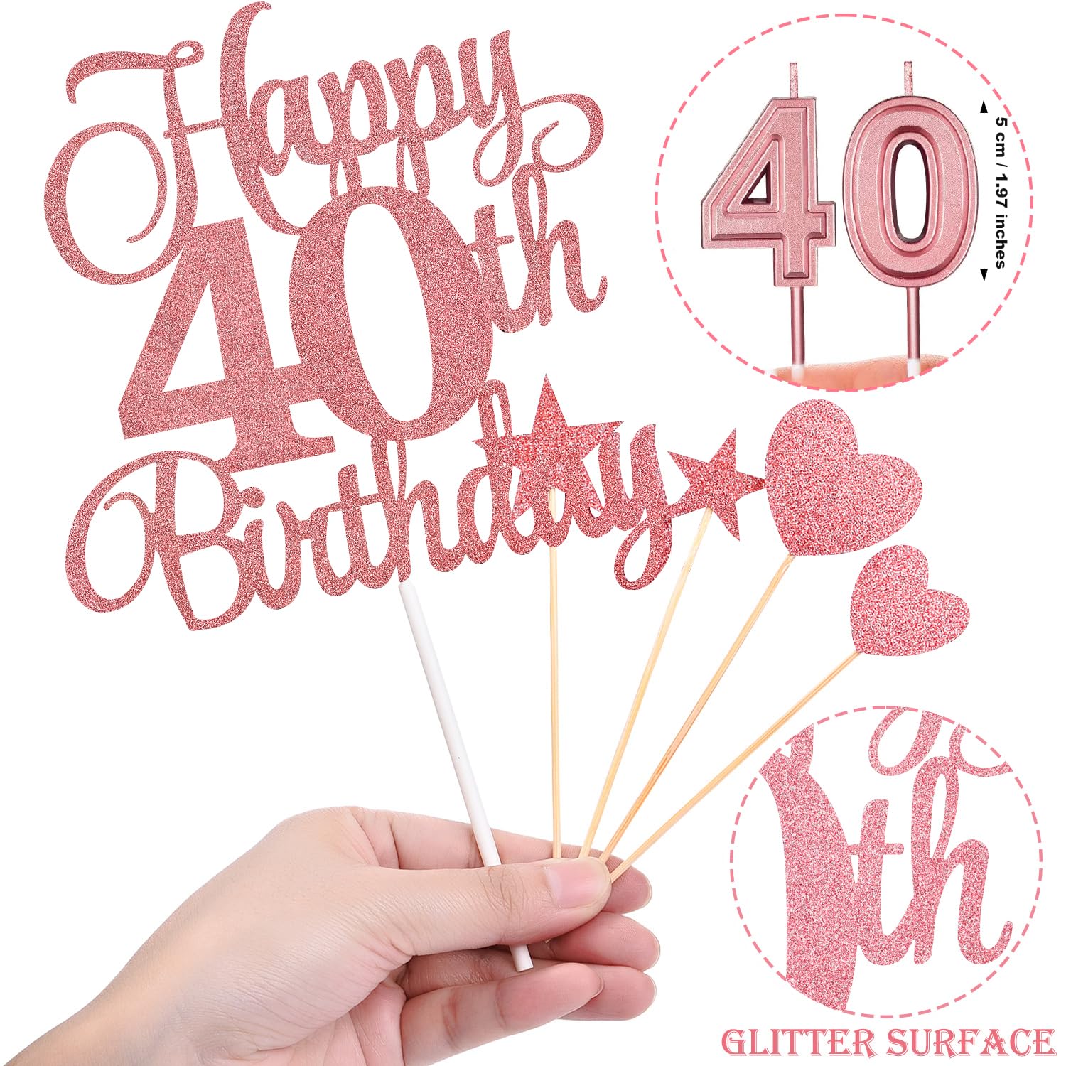 40th Birthday Cake Decorations Set Include 40th Birthday Candles Numeral 40 Cake Candles and Happy 40th Birthday Cake Toppers with Heart Star Cupcake Picks for Birthday Party (Rose Gold Series)