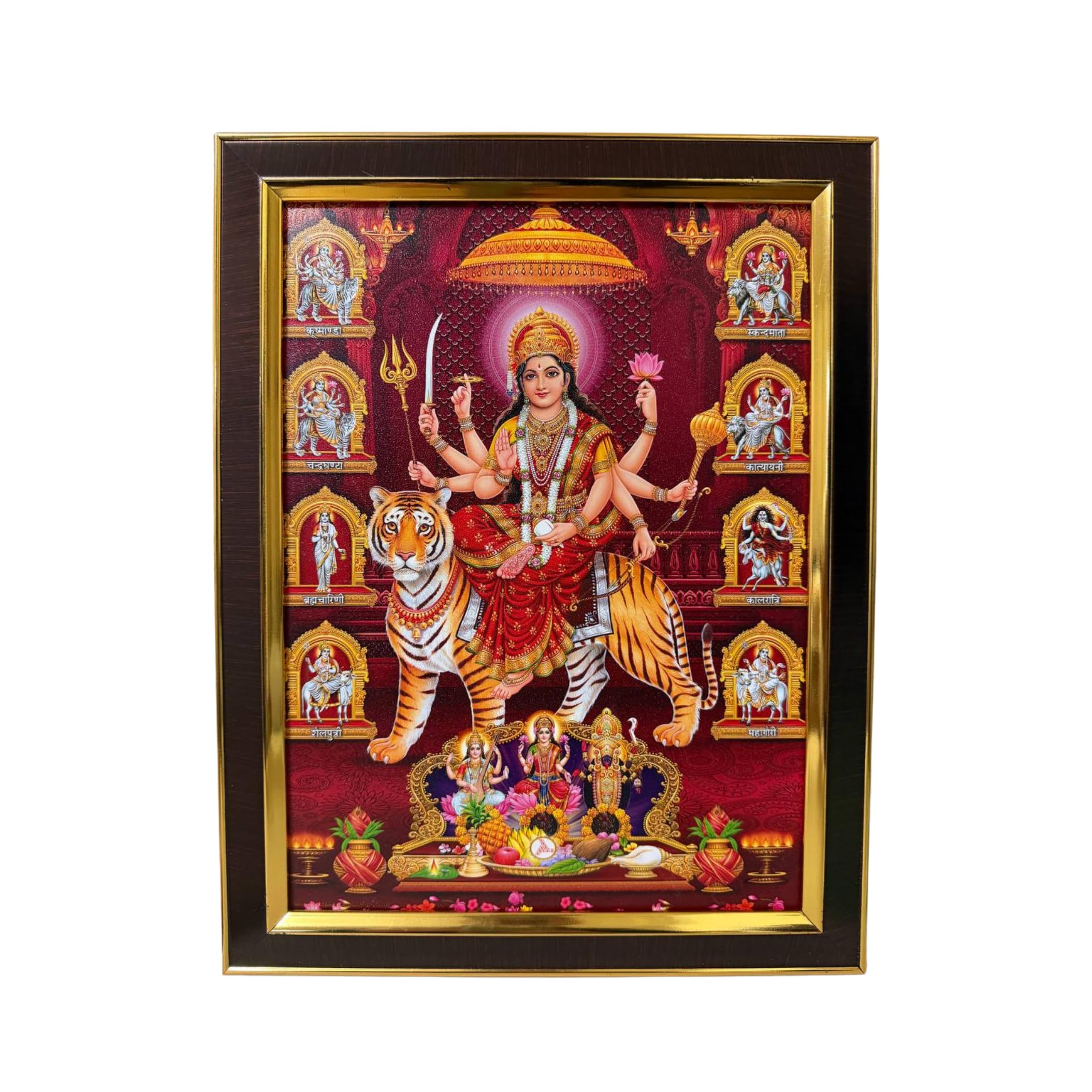C&S Homestore Golden Tone Goddess Durga Wall Frame Hindu Religious Photo Navratri Durga Maa Tiger Mandir Wall Hanging Devotional Picture For Home Temple Office Spiritual Decor Gift Pooja Art 35X27cm